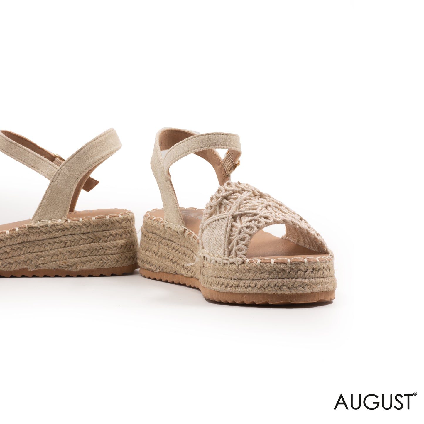BEIGE STRAW WOVEN FLAT SANDALS WITH WEDGE SOLE