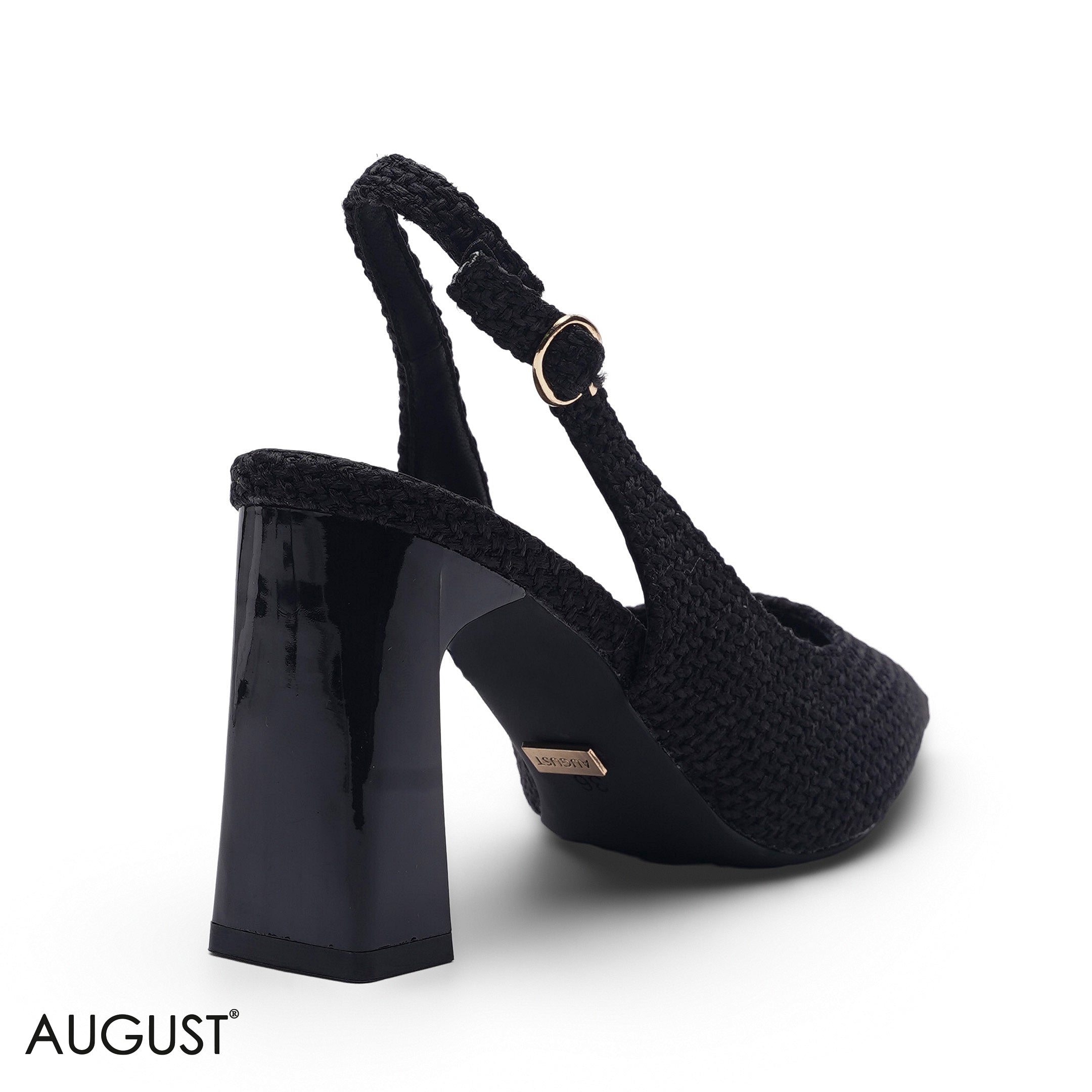 BLACK WOVEN TEXTURE POINTED TOE BLOCK HEEL