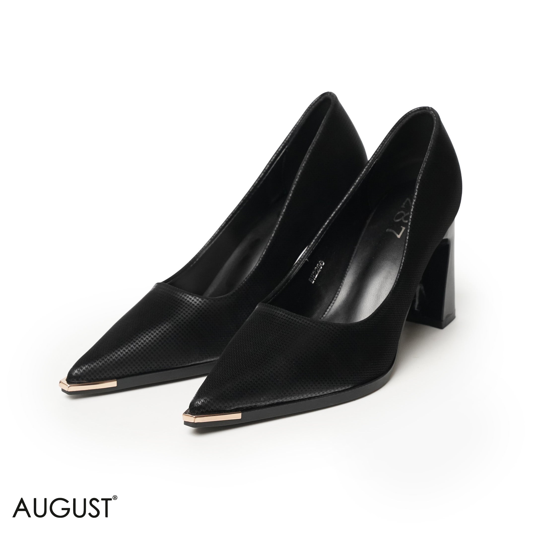 BLACK LEATHER MED-HEELS SHOES WITH WITH GOLD POINTED TOE