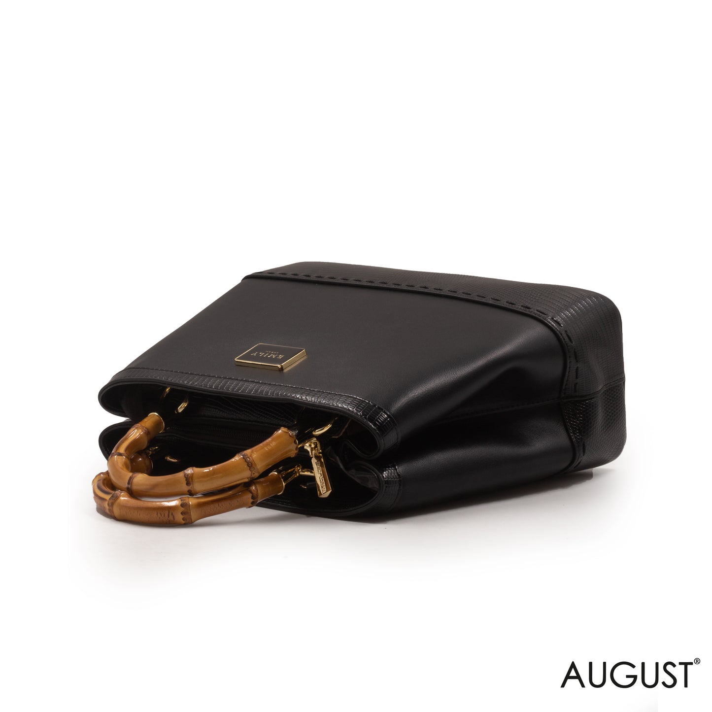 LEATHER BLACK BAG WITH BAMBOO-HANDLED -MED