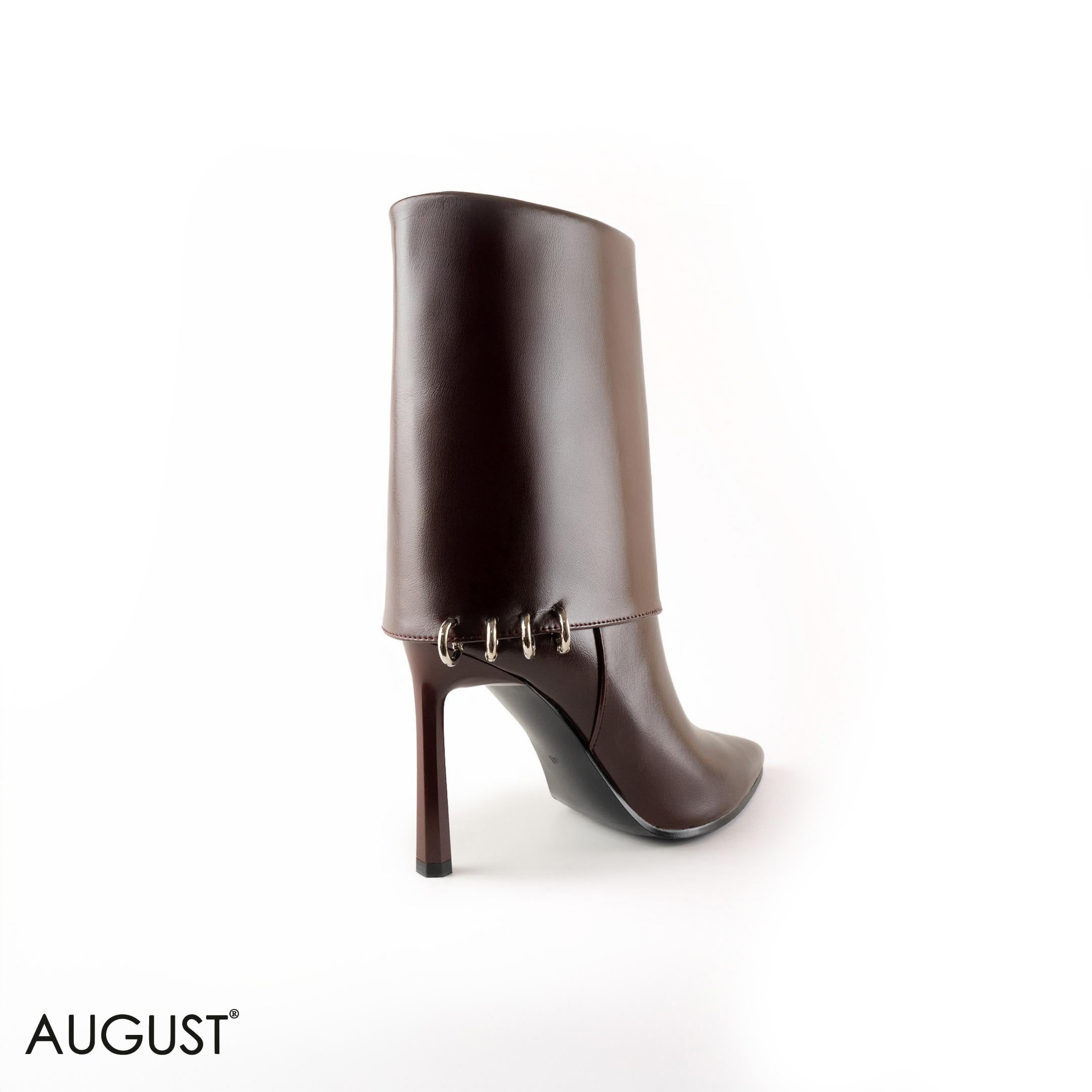 BROWN LEATHER STILETTOS HEELED BOOTS WITH METAL- RINGS DETAIL