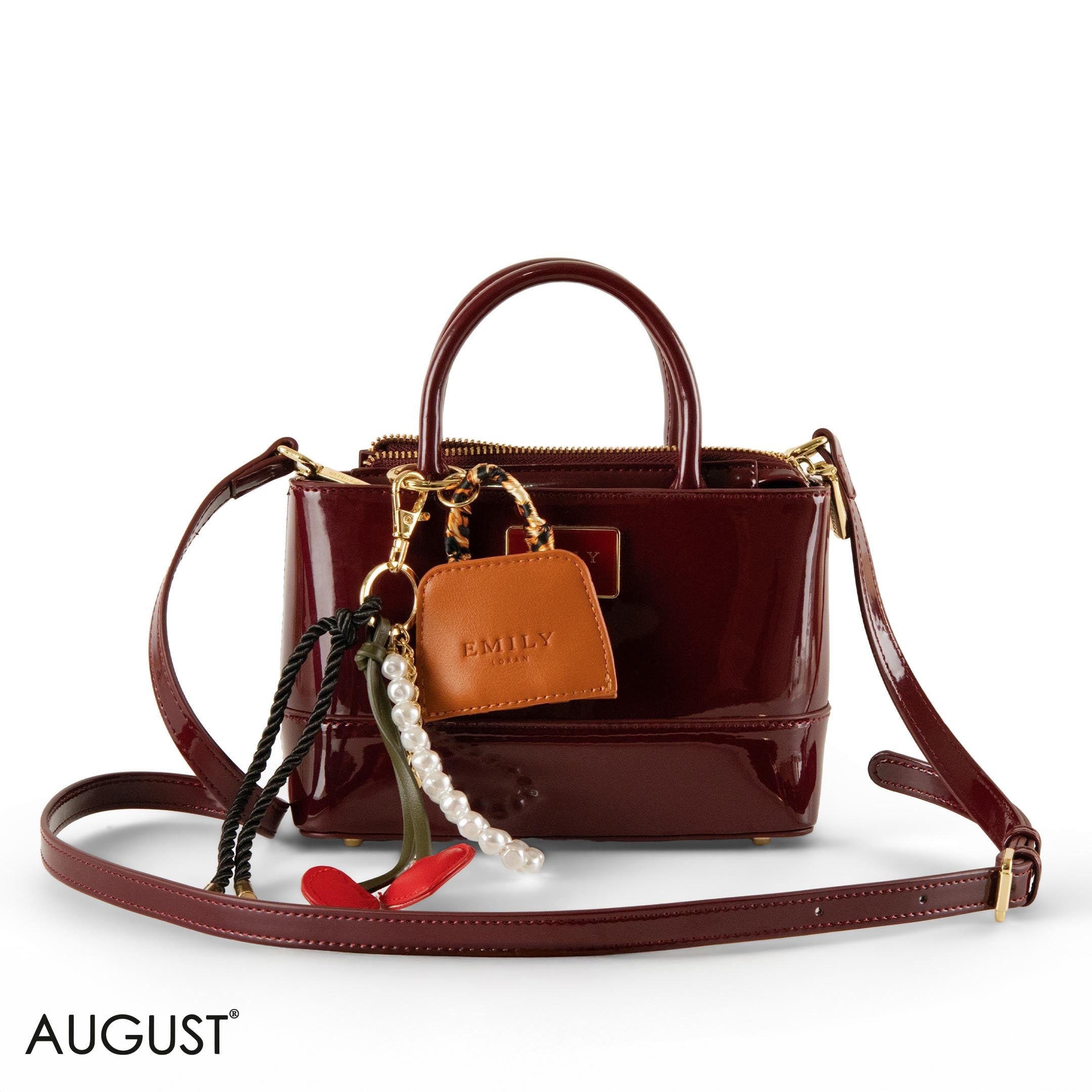 MAROON GLOSSY LEATHER HANDBAG WITH ACCESSORIES- SMALL