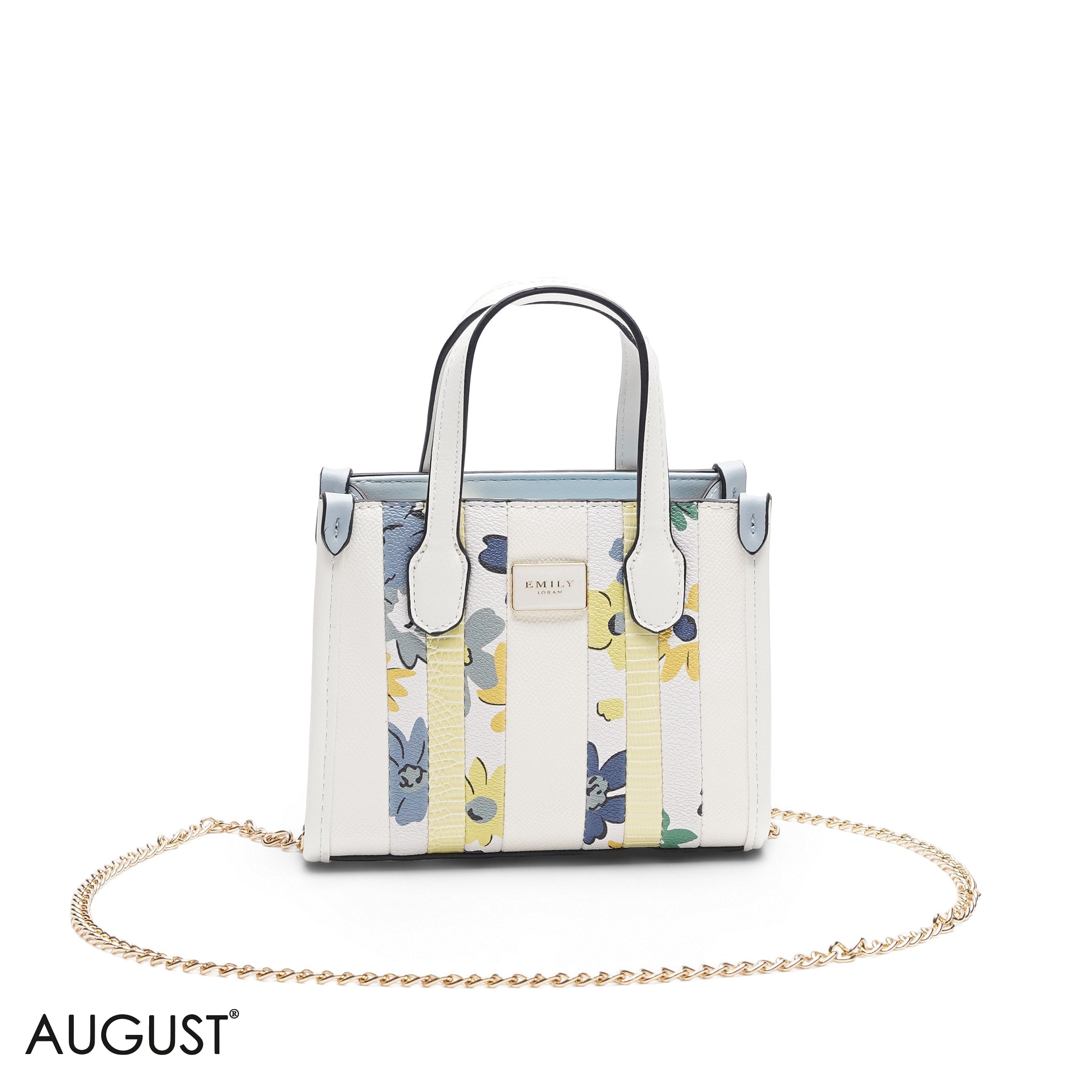 MINI WHITE BAG WITH BLUE & YELLOW ACCENTS WITH GOLD METAL STRAP