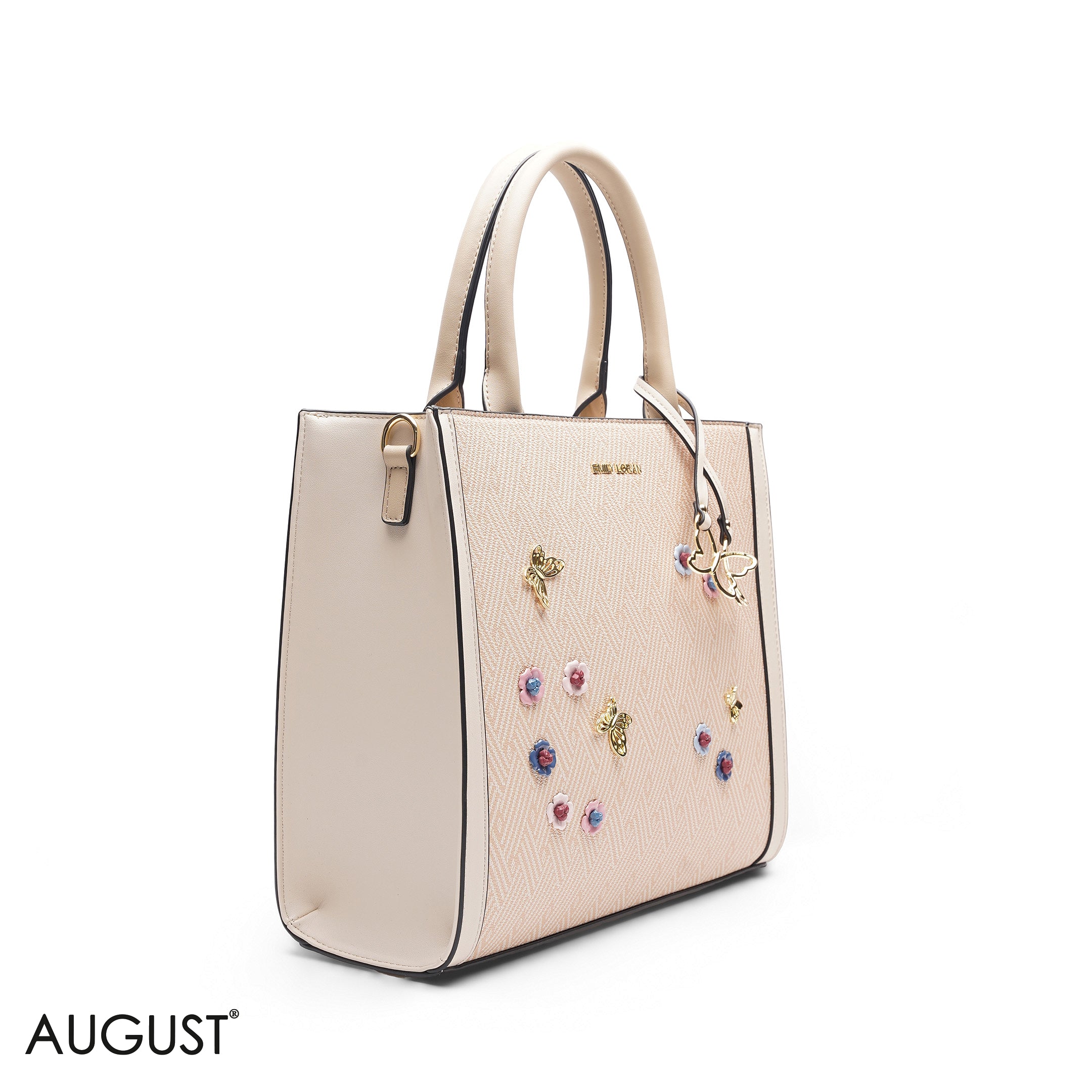 PEACH SQUARE TOTE WITH FLORAL APPLIQUÉS - LARGE