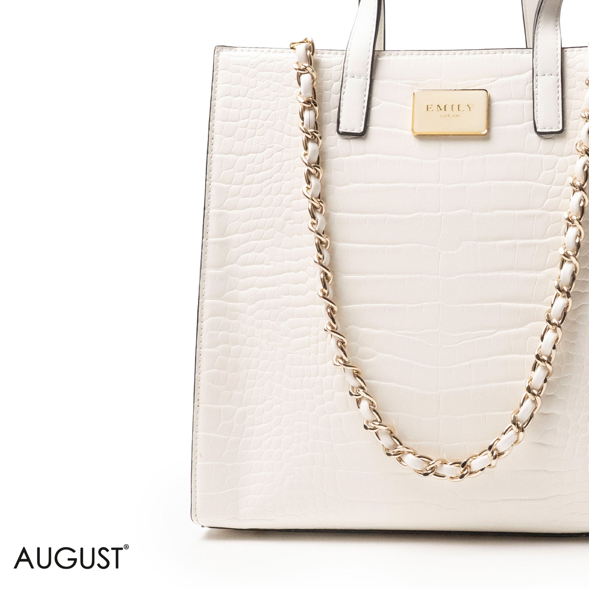 WHITE CROCODILE LEATHER HANDBAG WITH METAL CHAIN - LARGE