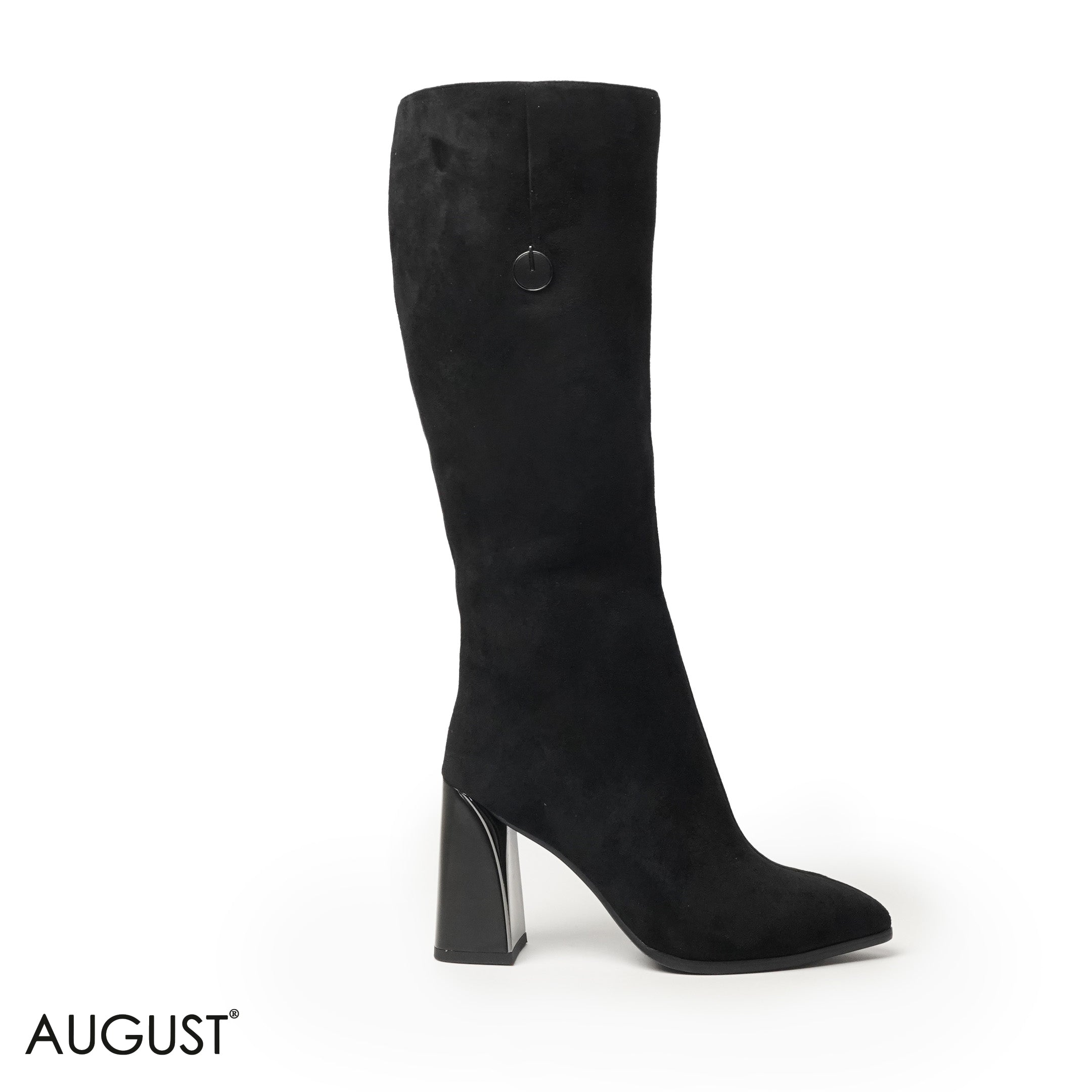 BLACK CHAMOIS LEATHER HEELED LONG BOOTS WITH SIDE ZIPPER