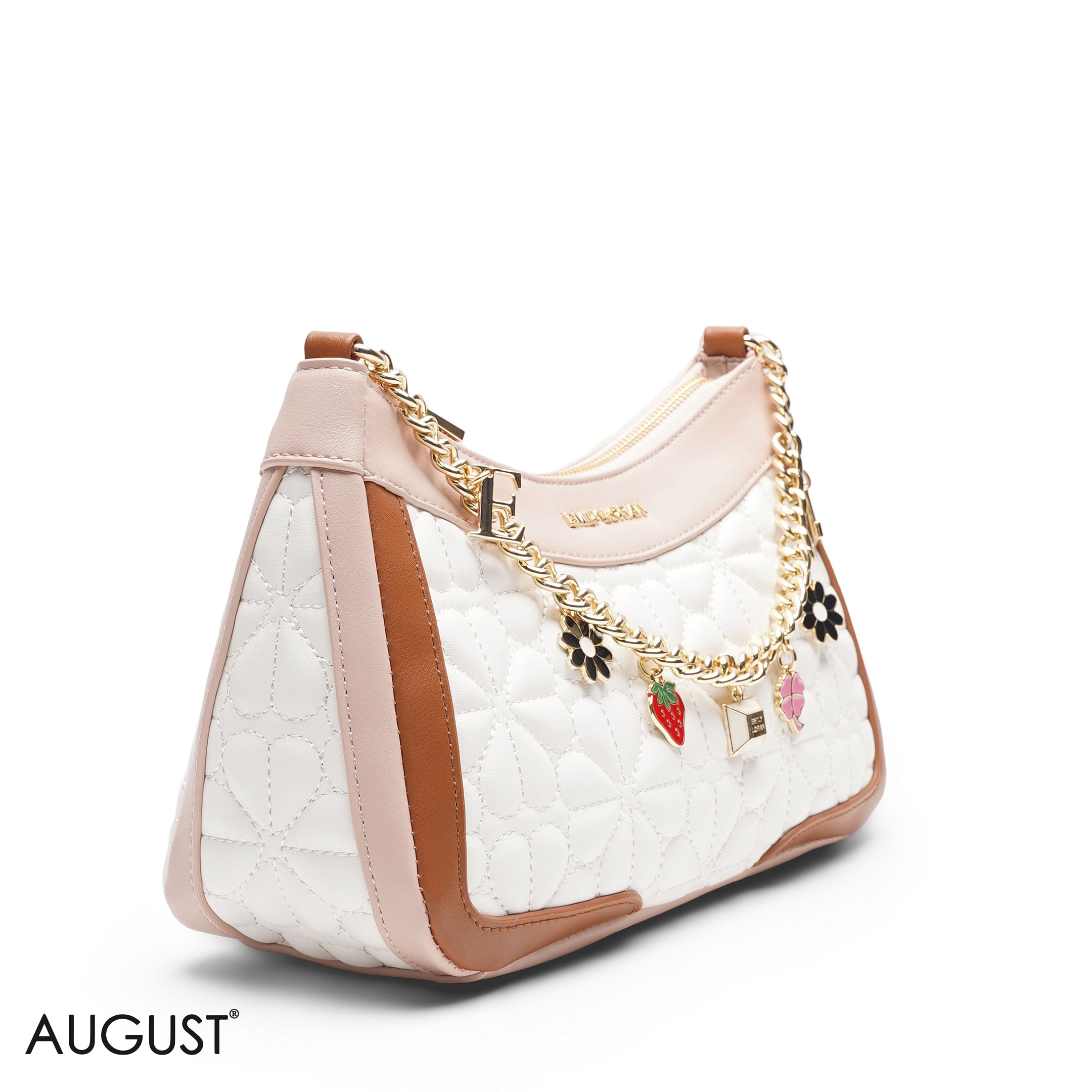 WHITE FLORAL SHOULDER BAG WITH CHAIN STRAP - MED