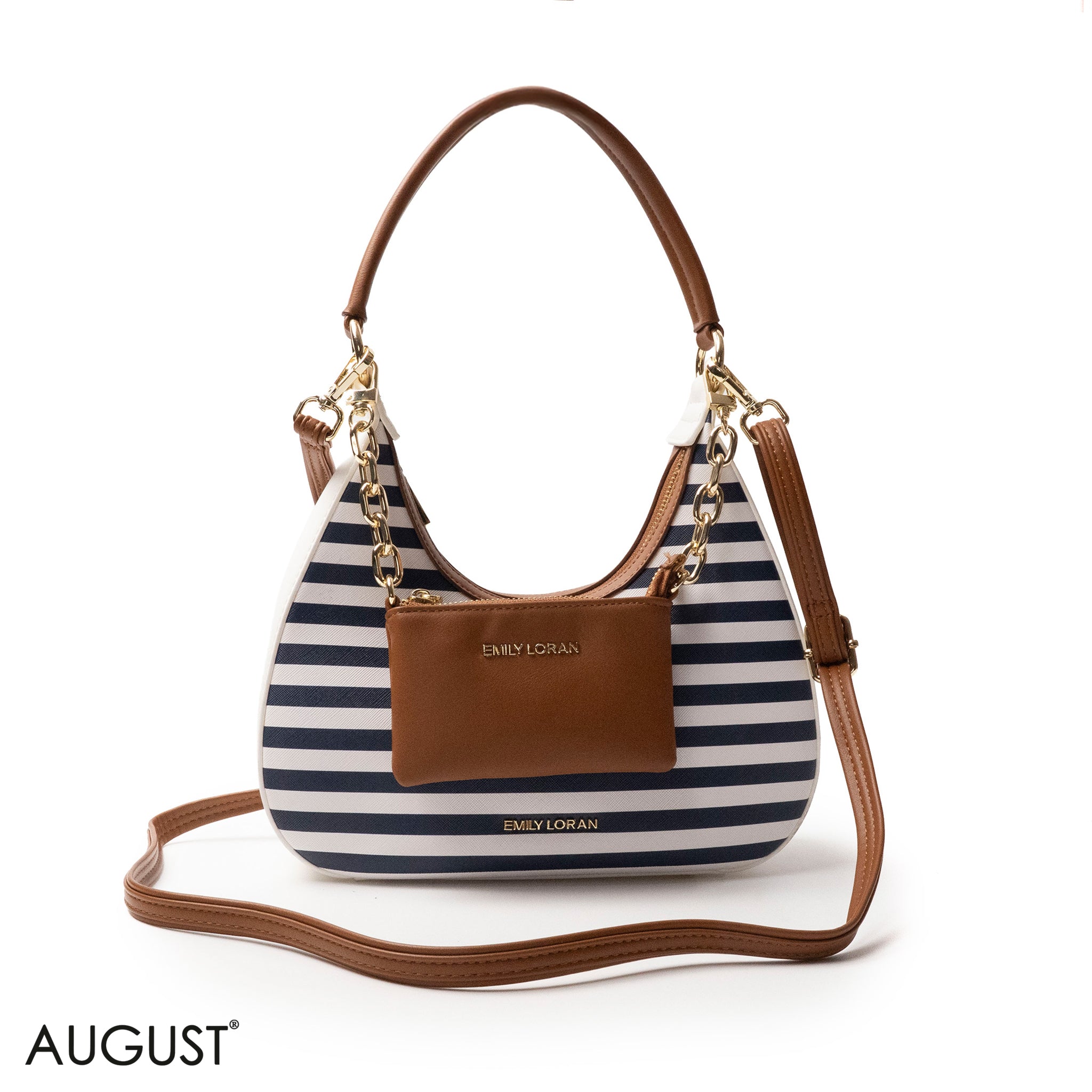 MODERN STRIPPED NAVY LEATHER HANDBAG WITH METAL CHAIN - MED