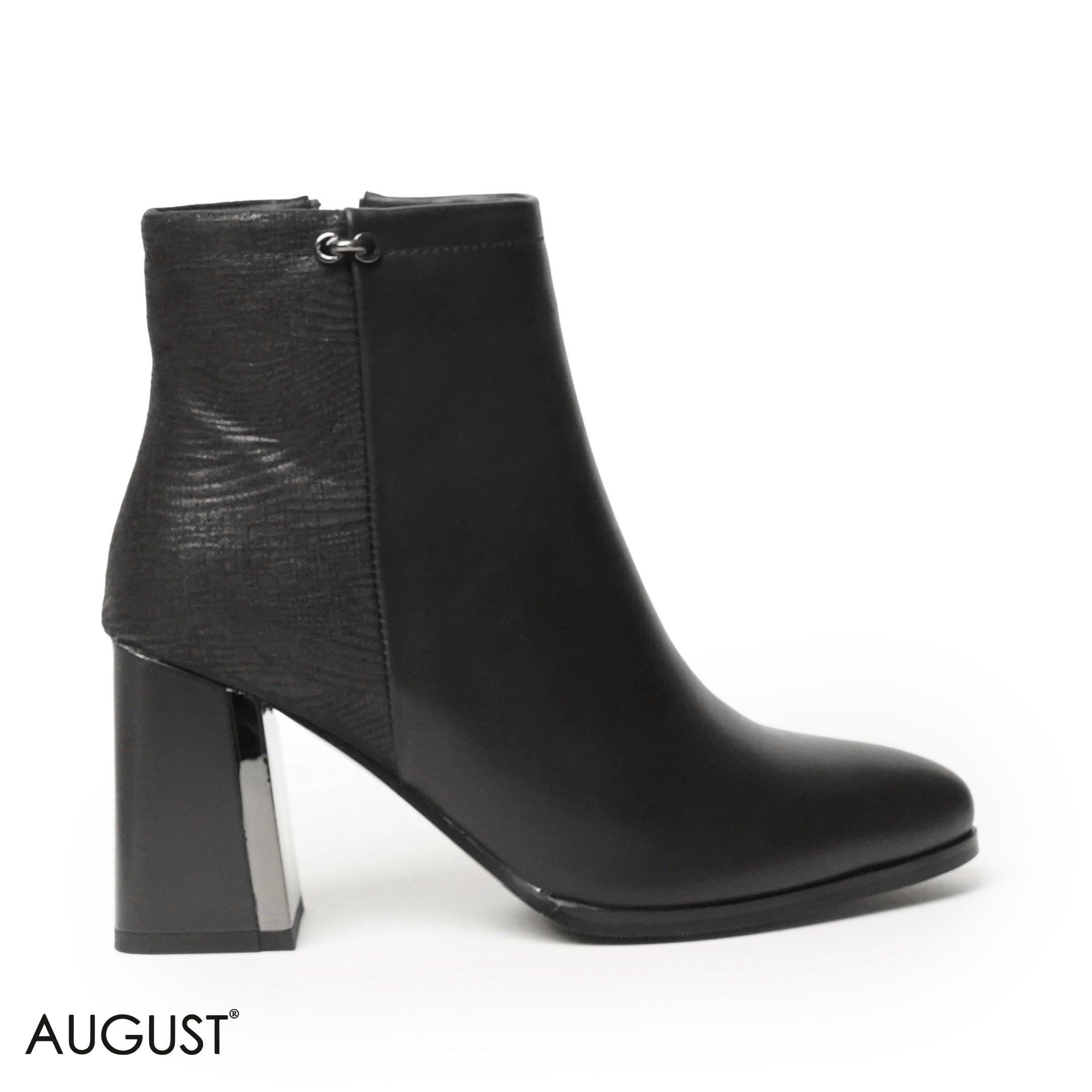 BLACK LEATHER HEELED ANKLE BOOTS WITH SUEDE TOUCH