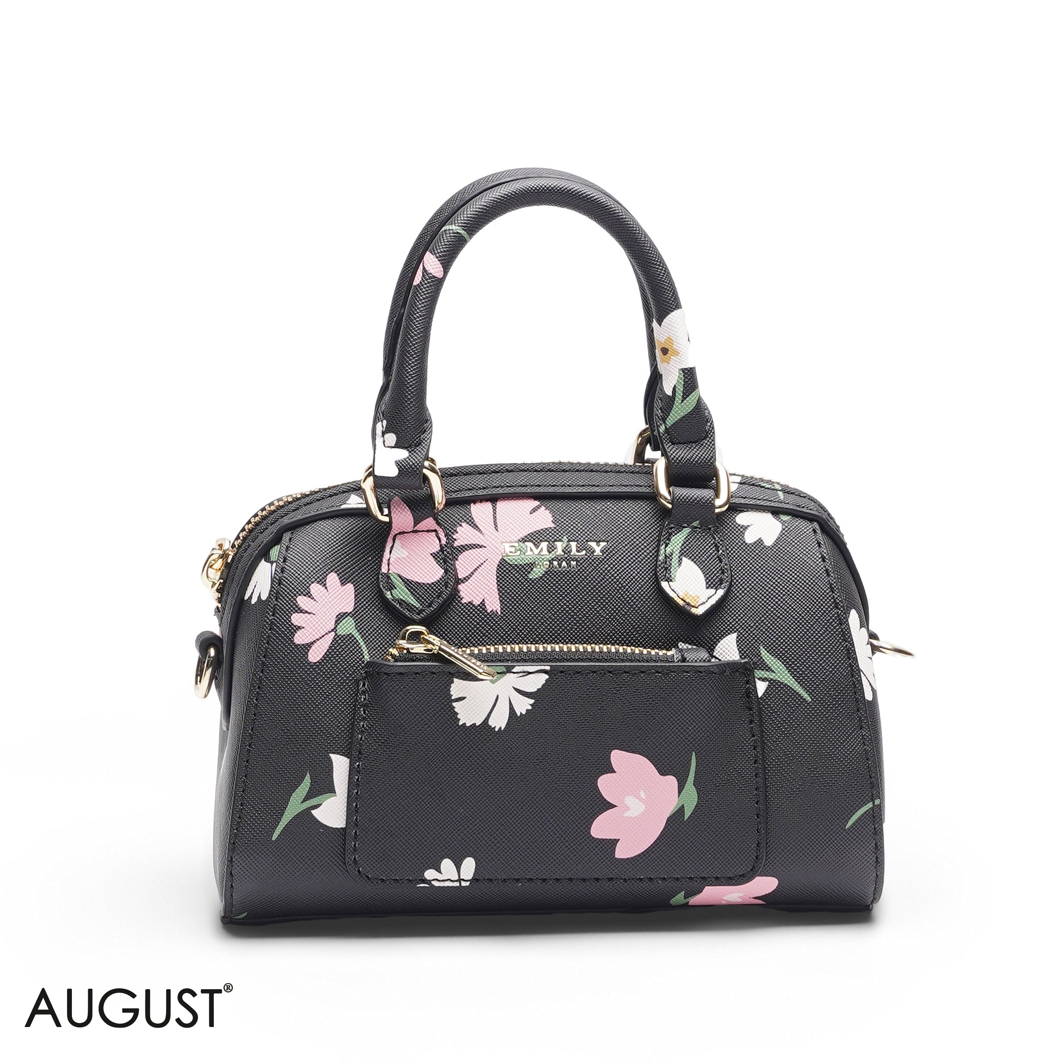 MINI BLACK FLORAL BAG WITH FRONT POUCH & GOLD CHAIN