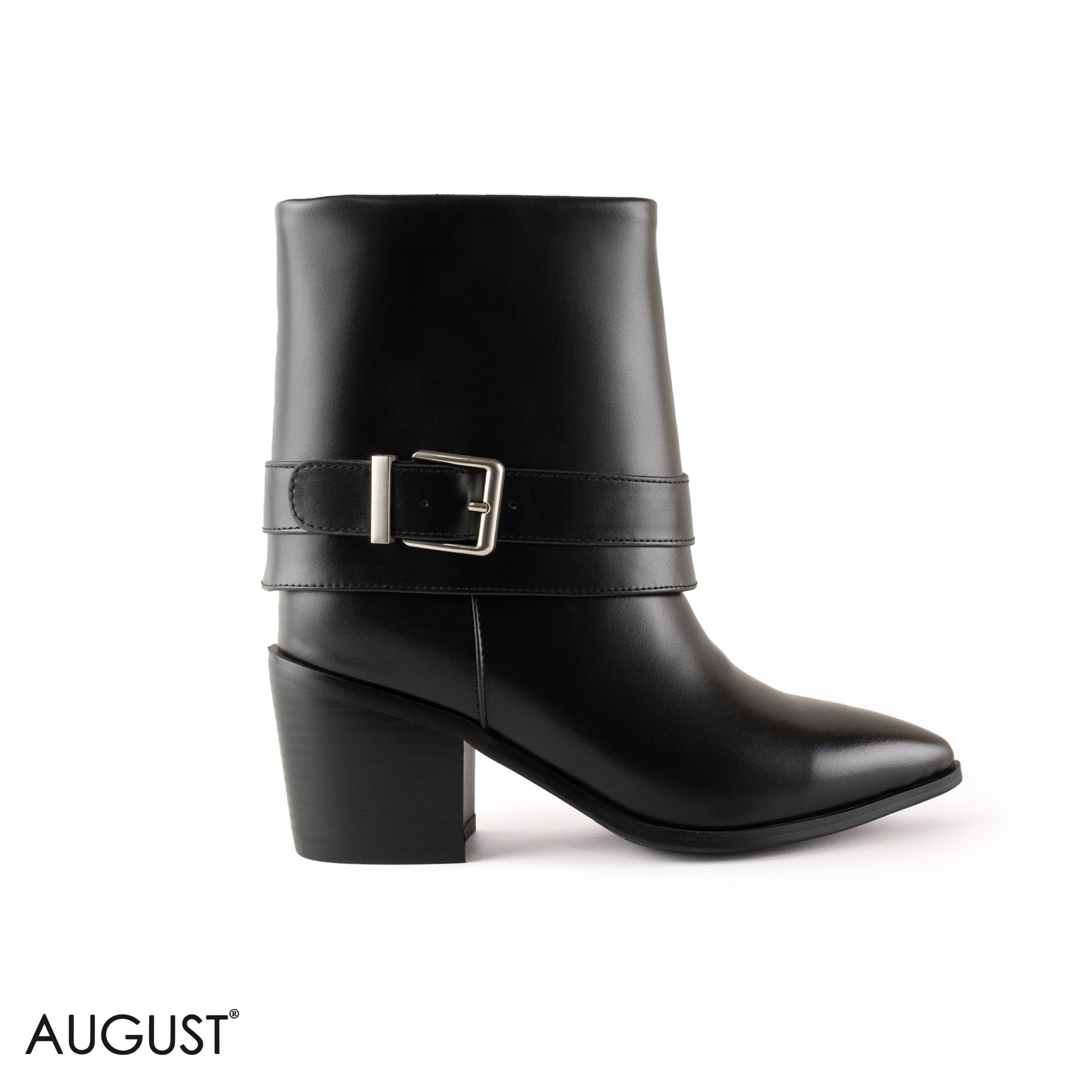 BLACK SMOOTH LEATHER BUCKLED ANKLE BOOTS