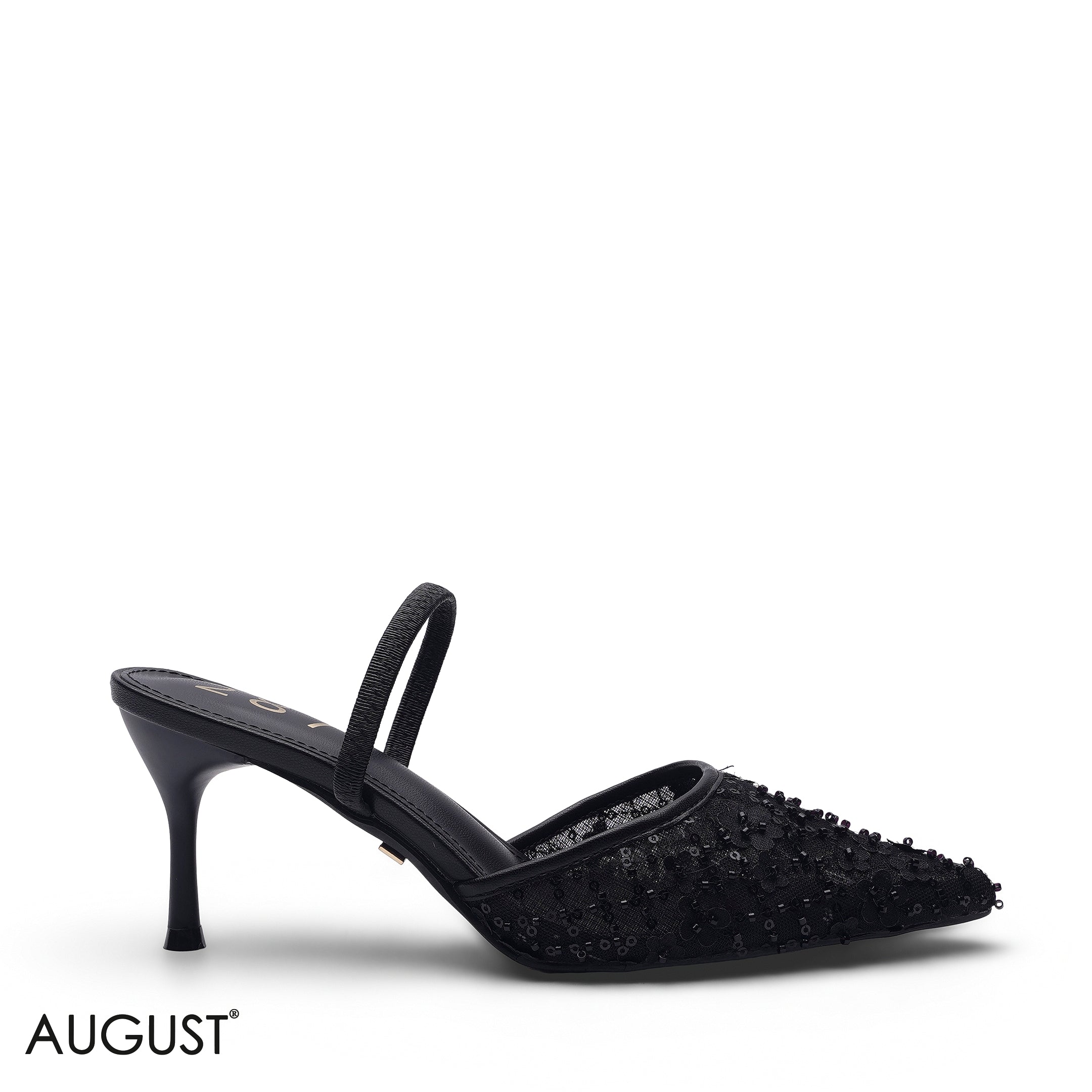 BLACK SEQUIN EMBROIDERED MESH SLINGBACK HEELS