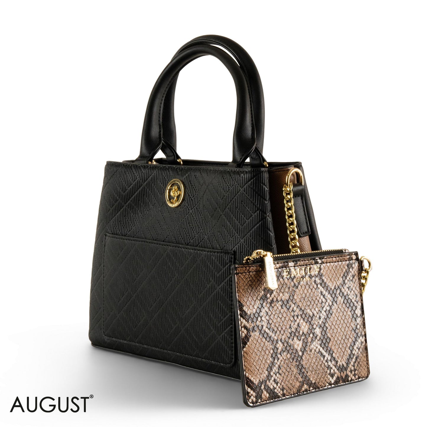 EMILY LORAN PATTERNED LEATHER HANDBAG WITH CHAIN DETAIL -MED