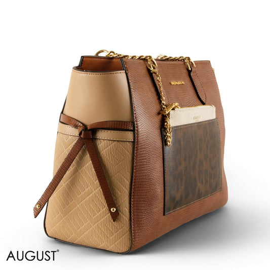 BROWN LEATHER SHOULDER BAG WITH LEOPARD ACCENTS - LARGE