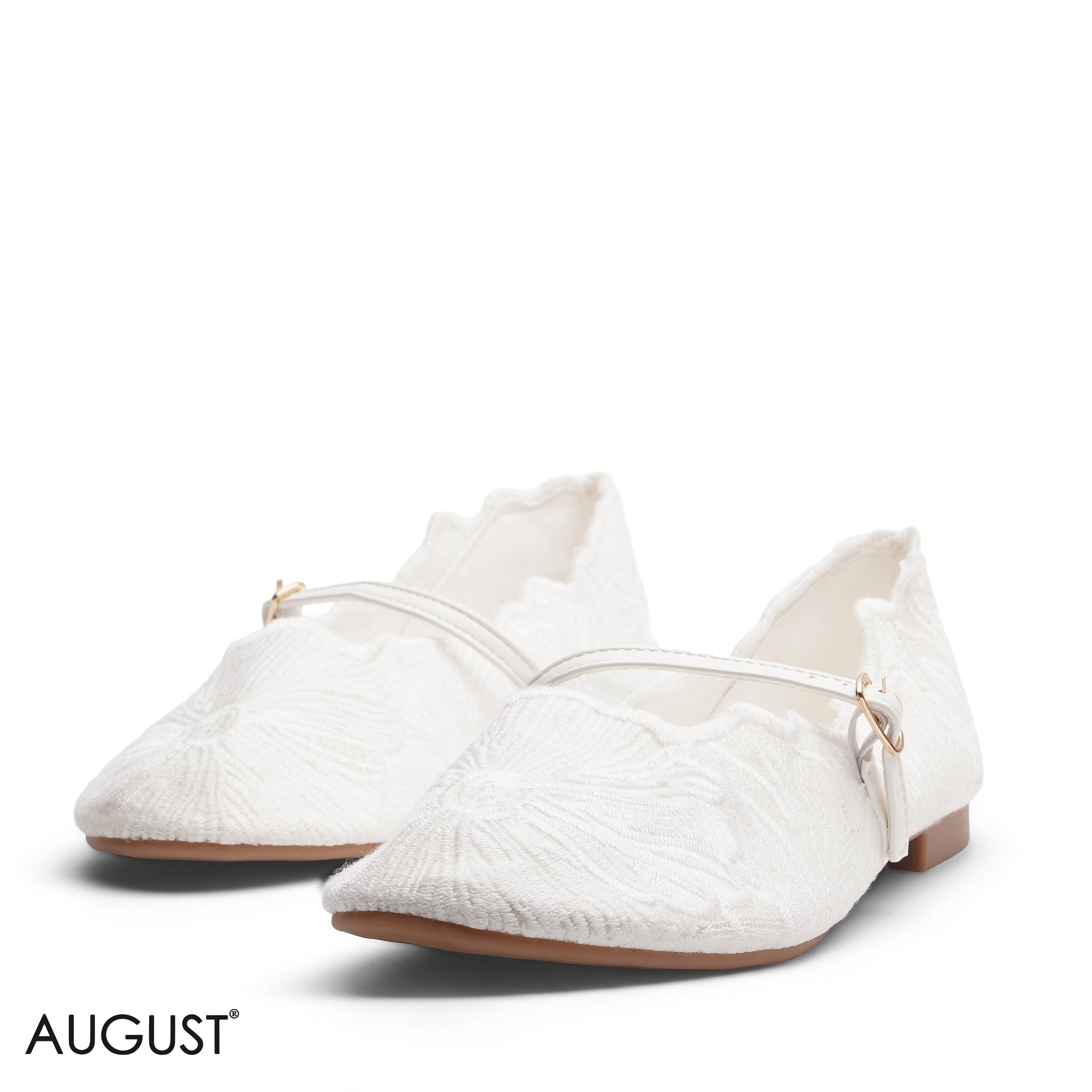 WHITE EMBROIDERED MESH MARY JANE FLATS