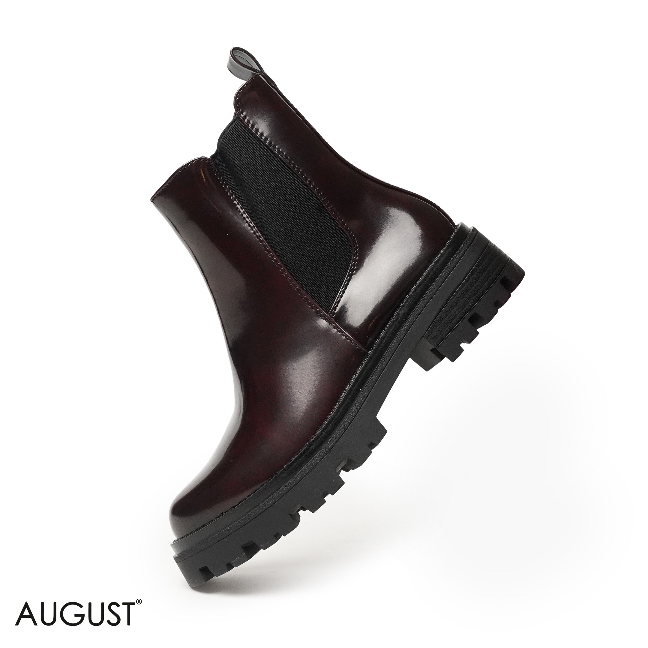 GLOSSY LEATHER ANKLE BOOTS WITH ELASTIC FABRIC