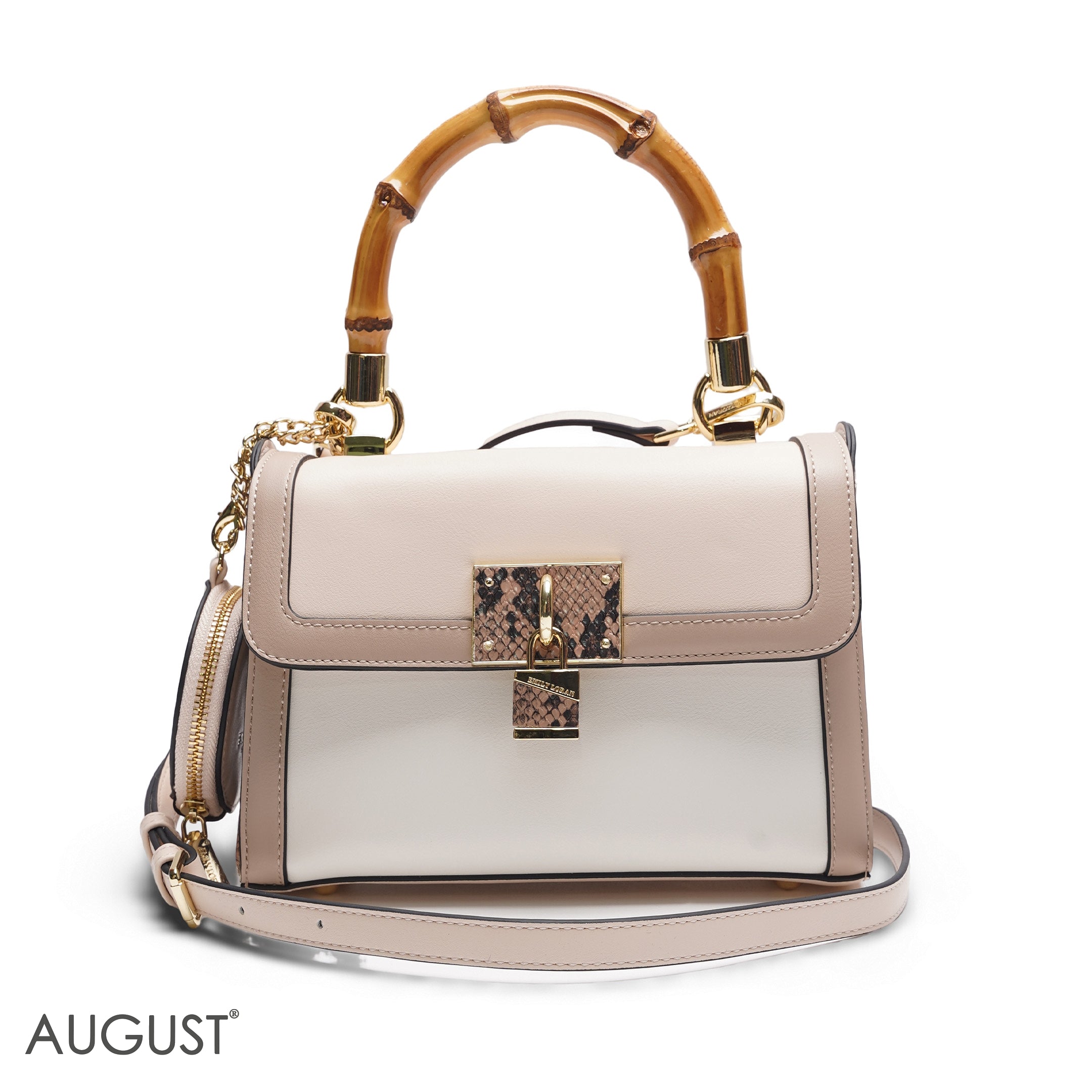 BEIGE & PINK BAMBOO HANDLE BAG WITH ROUND POUCH