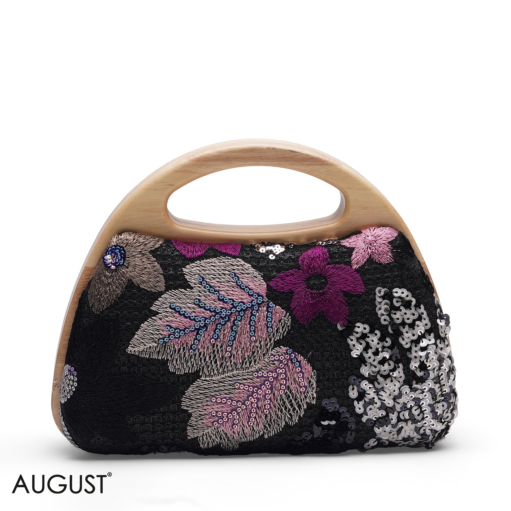 BLACK FLORAL EMBROIDERY WOODEN HANDLE CLUTCH
