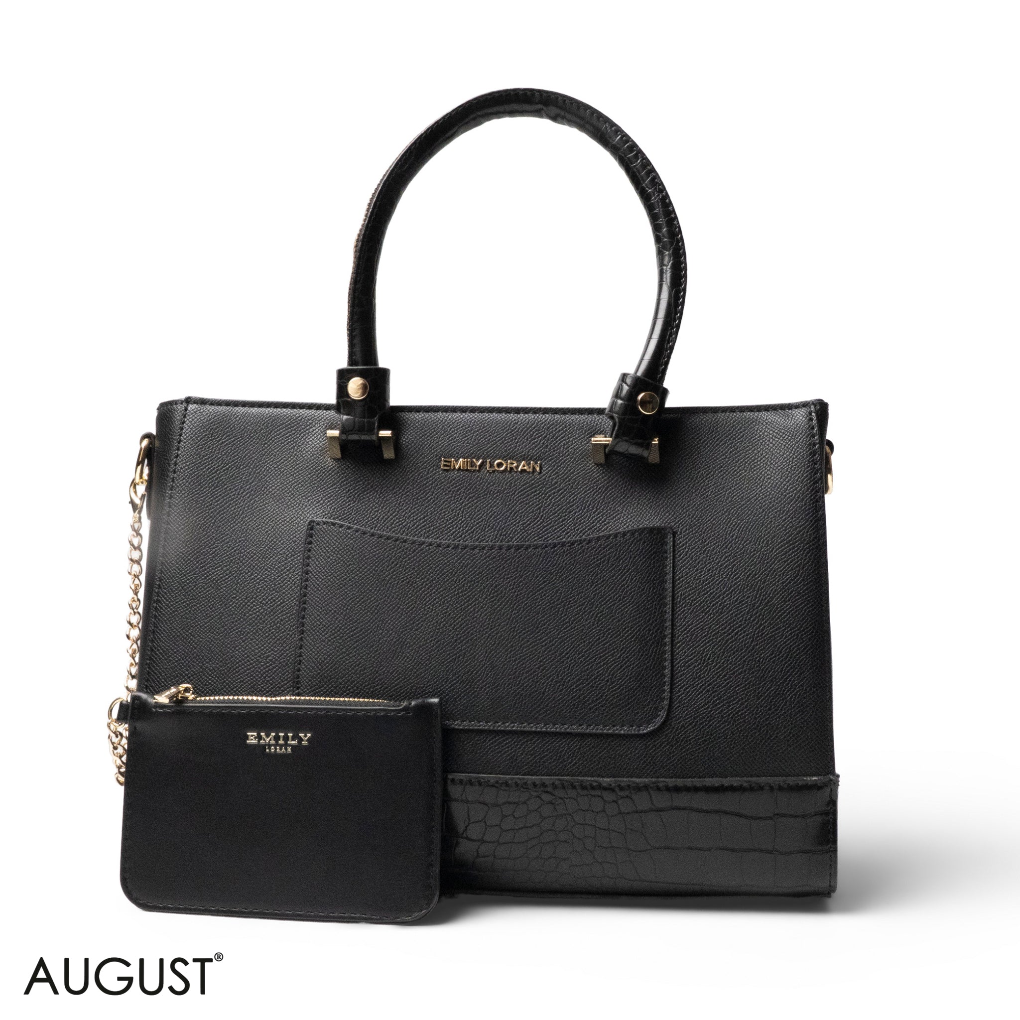 BLACK LEATHER SMOOTH HANDBAG WITH CROC DETAILS-LARGE