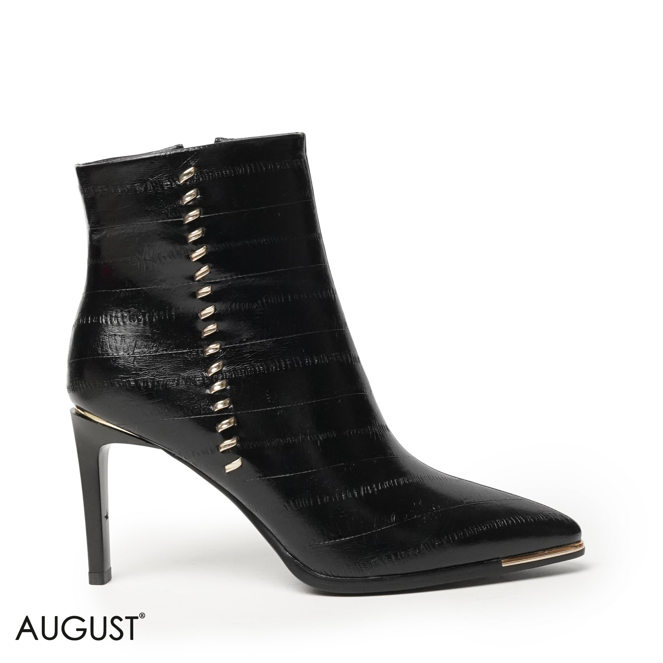 SHINY LEATHER HEELED BOOTS WITH METALLIC ACCENTS