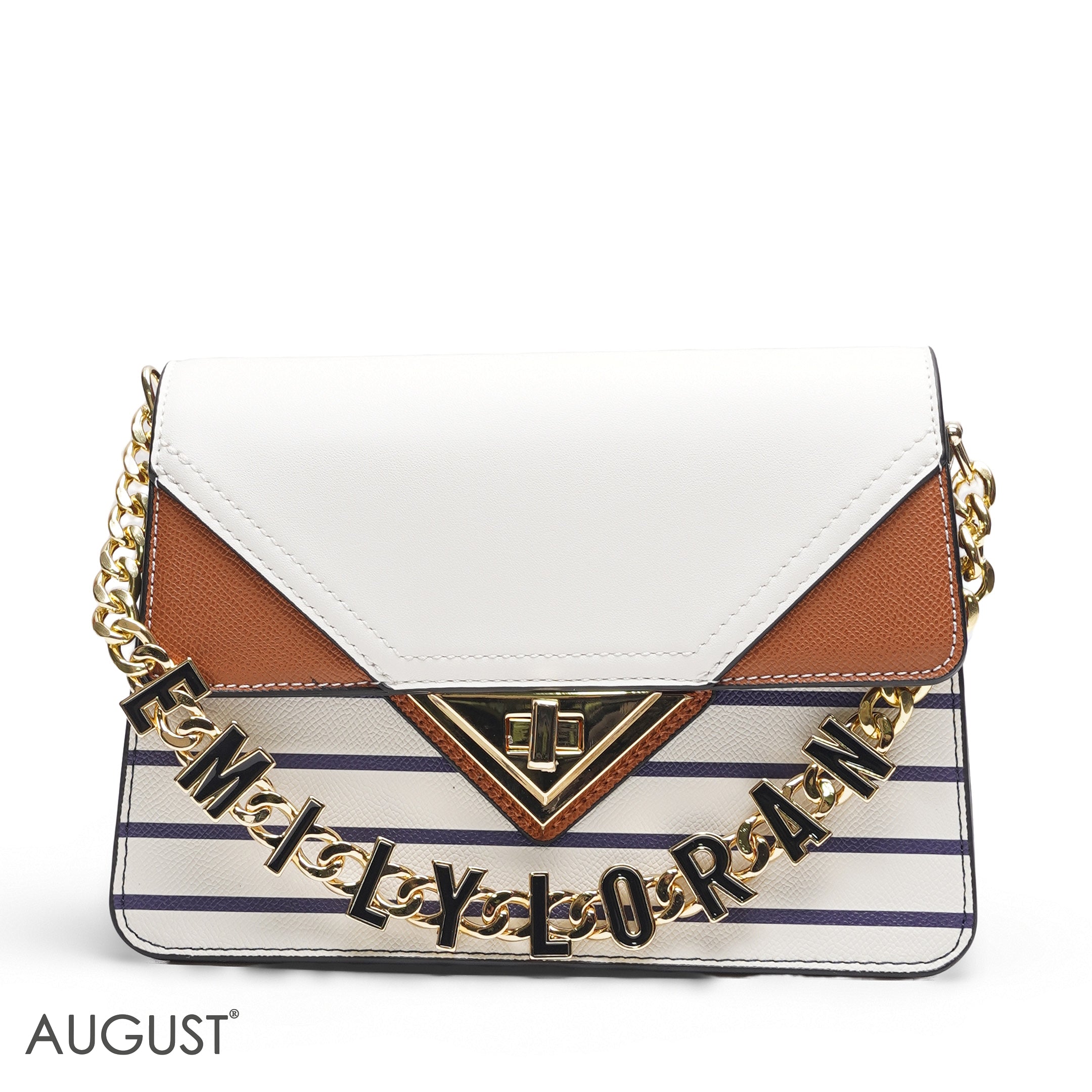 EMILY LORAN STRIPED NAVY & TAN ENVELOPE BAG - MED