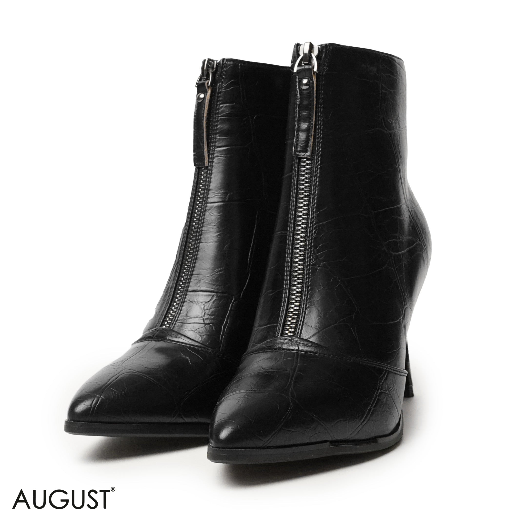 BLACK LEATHER HEELED ANKLE BOOTS WITH FRONT ZIPPER