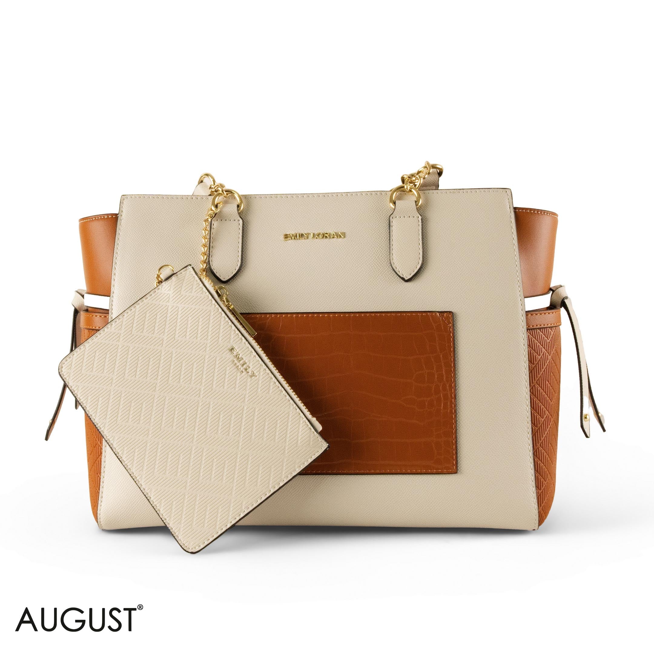 CREAMY LEATHER SHOULDER BAG WITH CAMEL CROC ACCENTS - LARGE