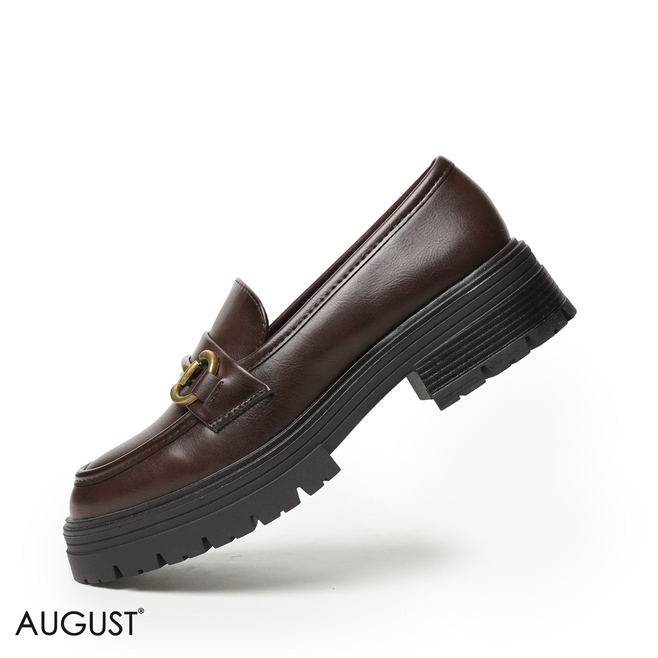 BROWN LEATHER LOAFERS WITH METAL CHAIN