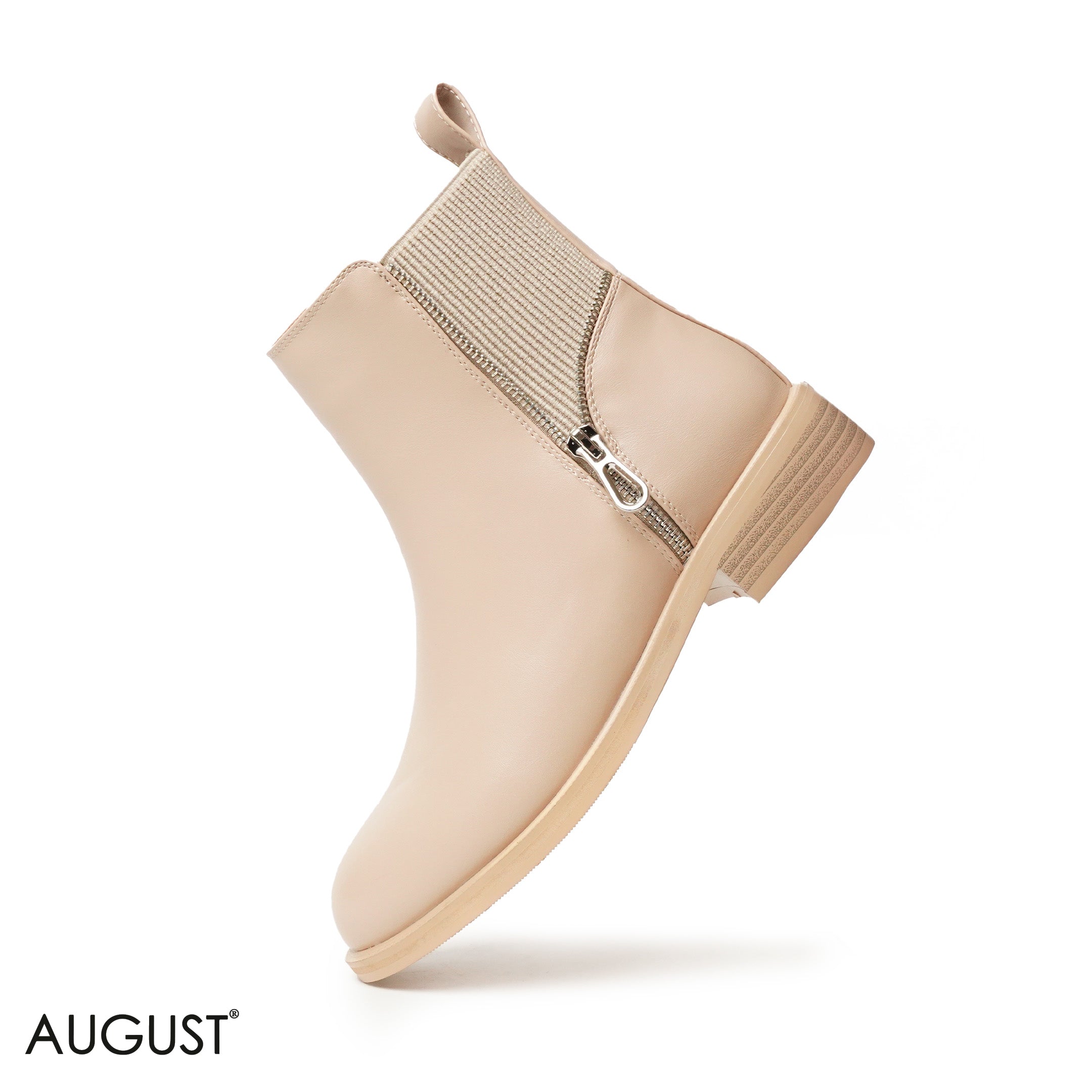 BEIGE LEATHER ANKLE BOOTS WITH ZIPPER DETAIL