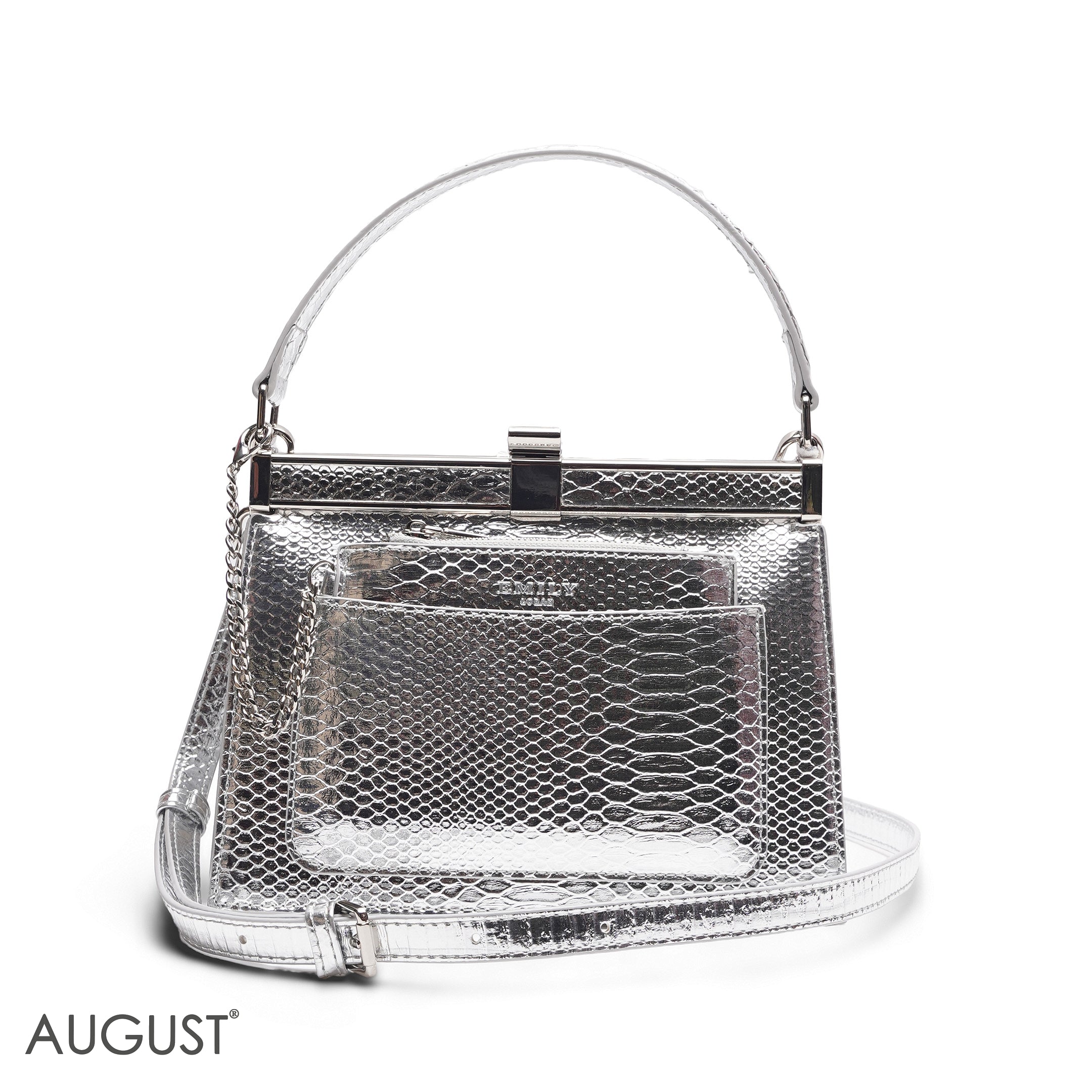 EMILY METALLIC SILVER SNAKESKIN FRAME BAG WITH MINI POUCH - MED