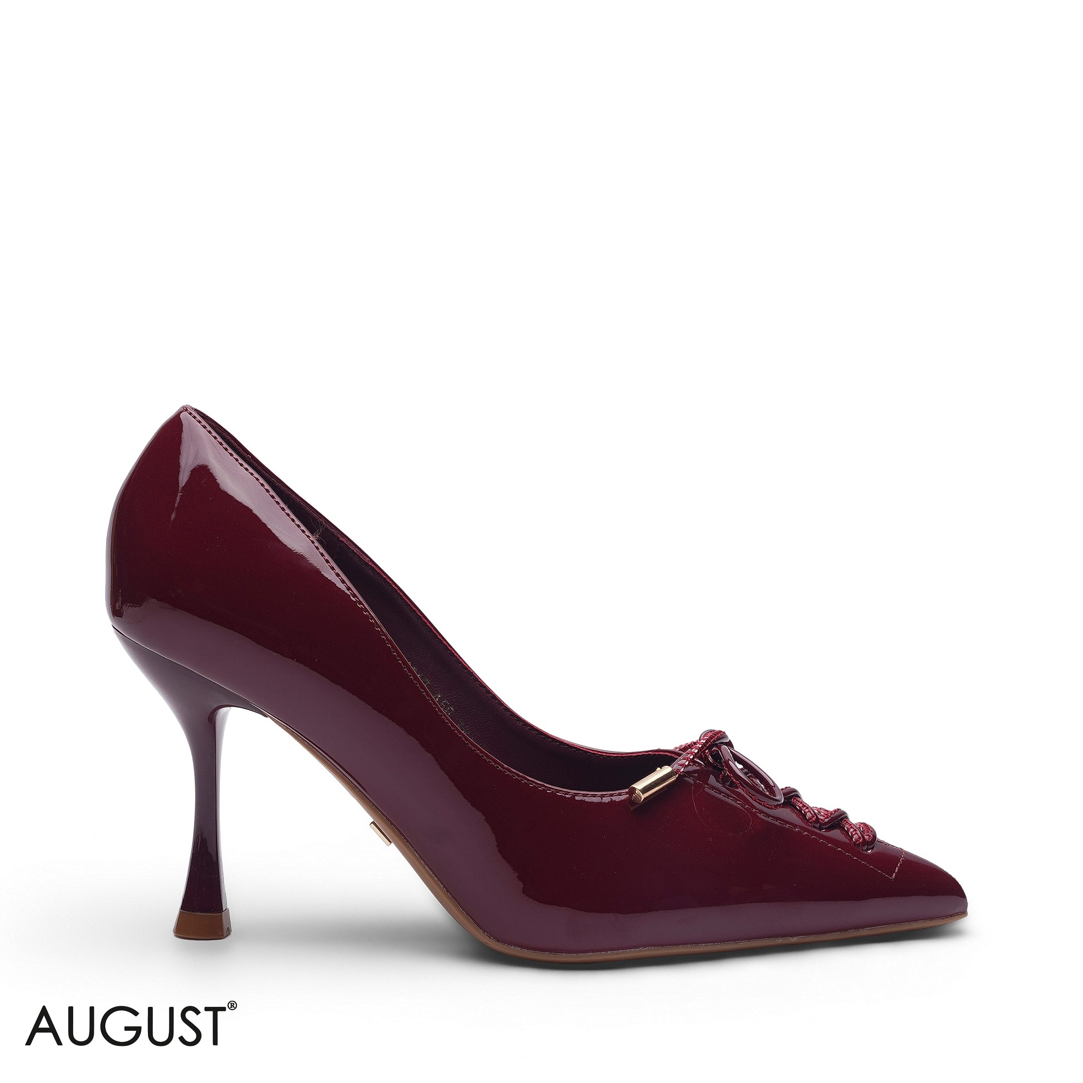 BURGUNDY GLOSSY PATENT LEATHER LACE-UP POINTED PUMPS