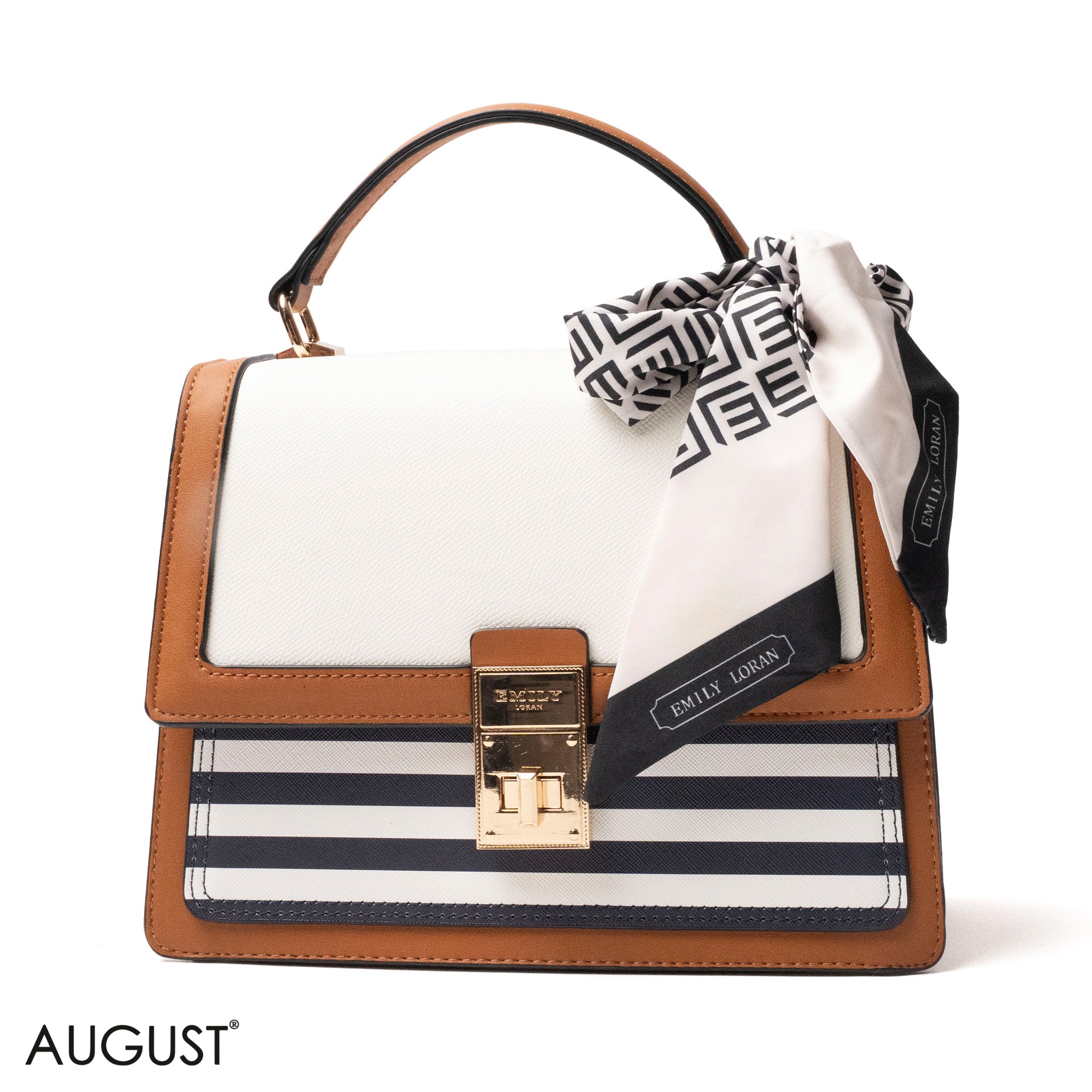 STRIPED NAVY LEATHER HANDBAG WITH EMILY LORAN SCARF - MED