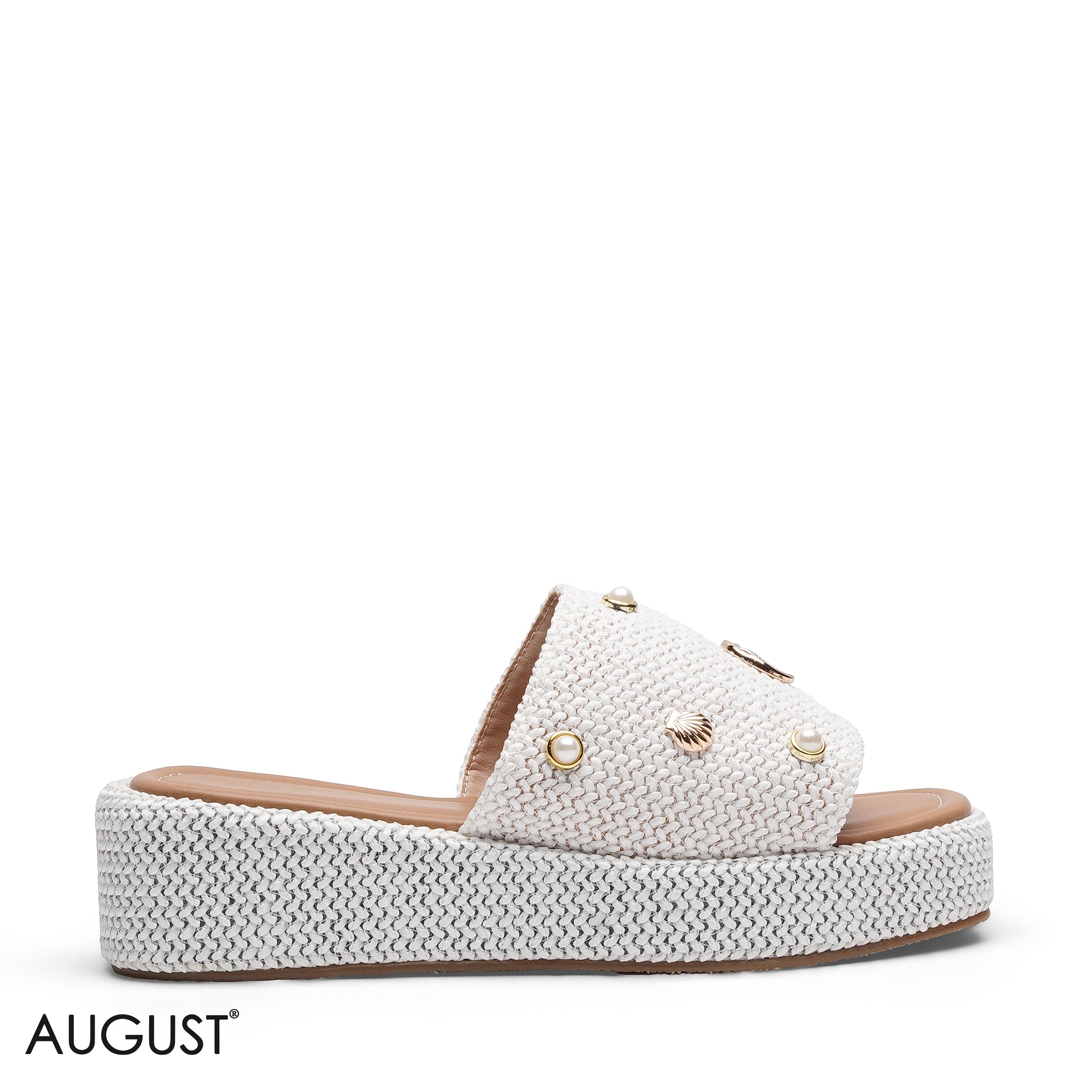 WOVEN PLATFORM SLIDE WITH PEARL ACCENTS SLIPPER