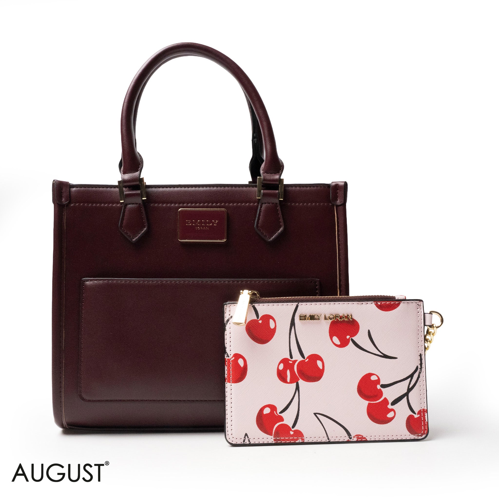 LEATHER HANDBAG WITH MINI WALLET IN RED CHERRY PRINT - MED