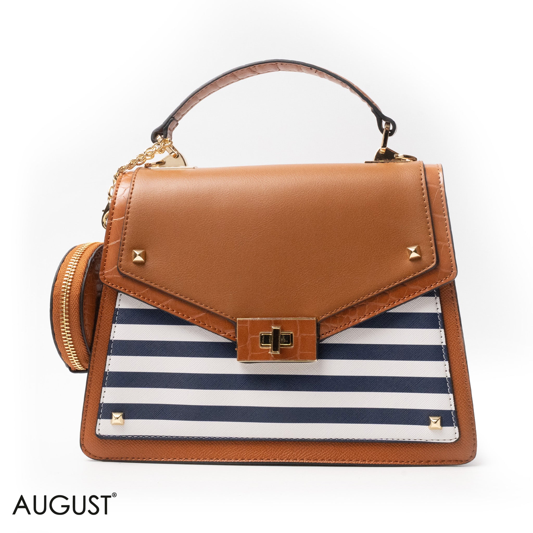 STRIPED NAVY LEATHER HANDBAG WITH FLAP - MED