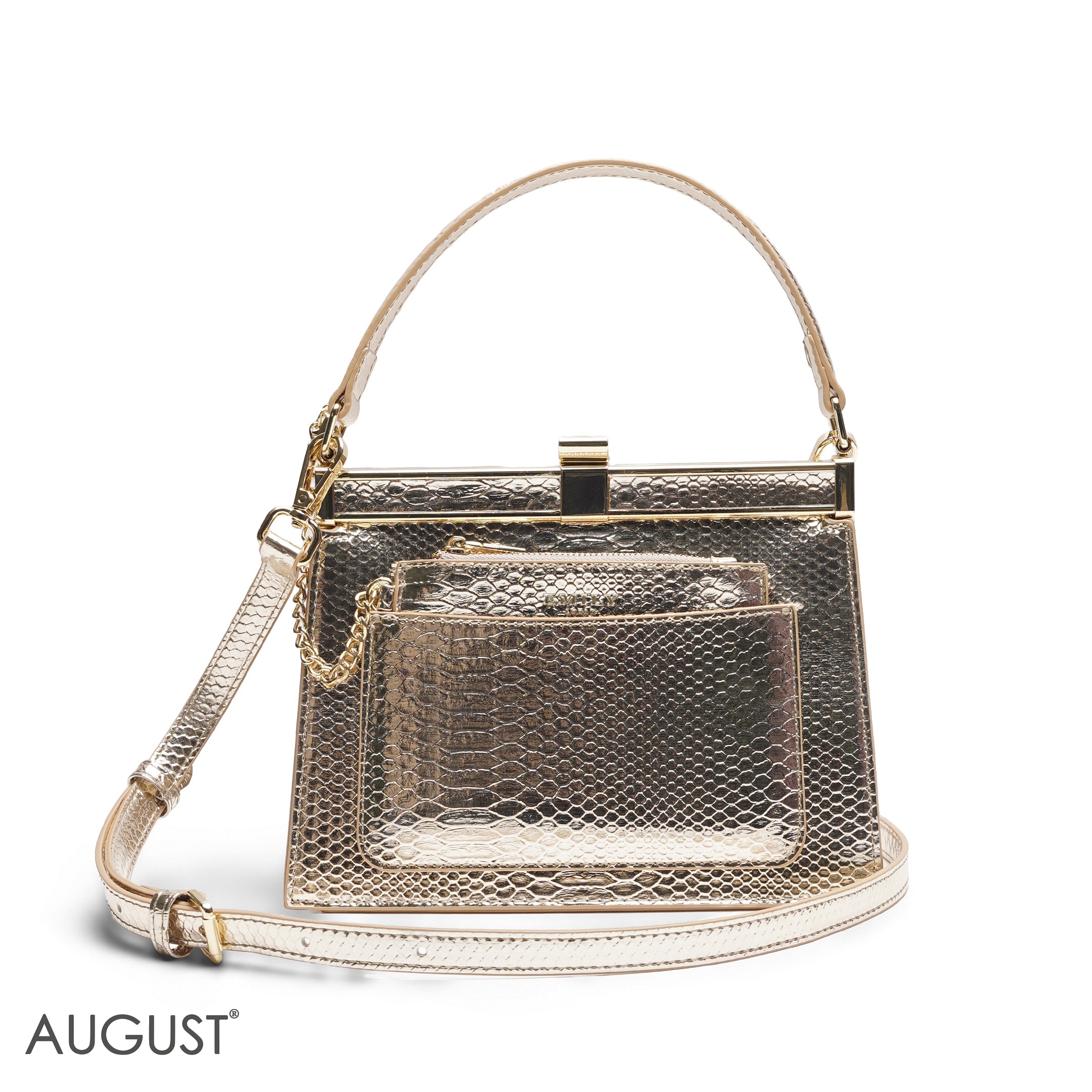 EMILY METALLIC GOLD SNAKESKIN FRAME BAG WITH MINI POUCH - MED