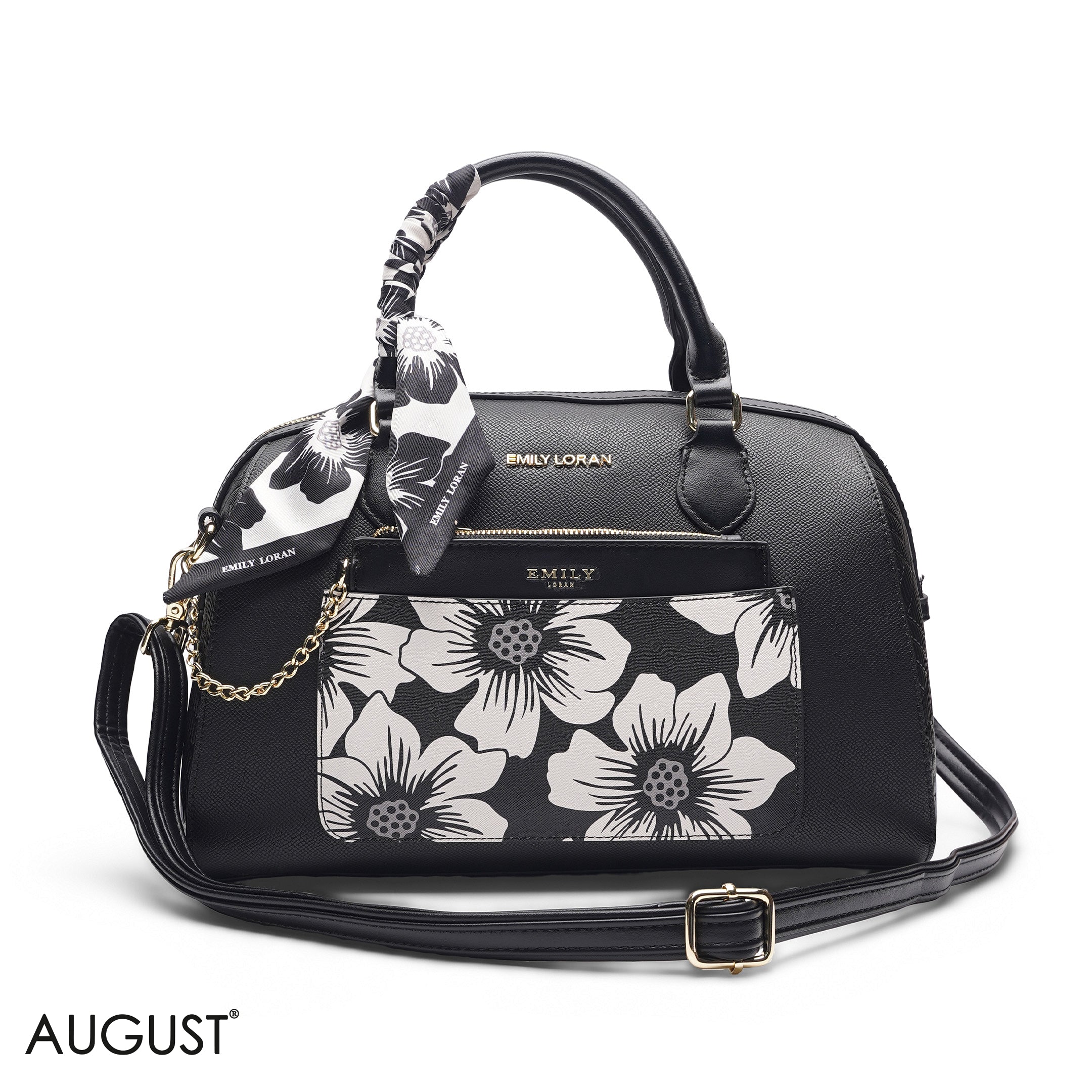 BLACK FLORAL BAG WITH FRONT POUCH & SCARF - LARGE