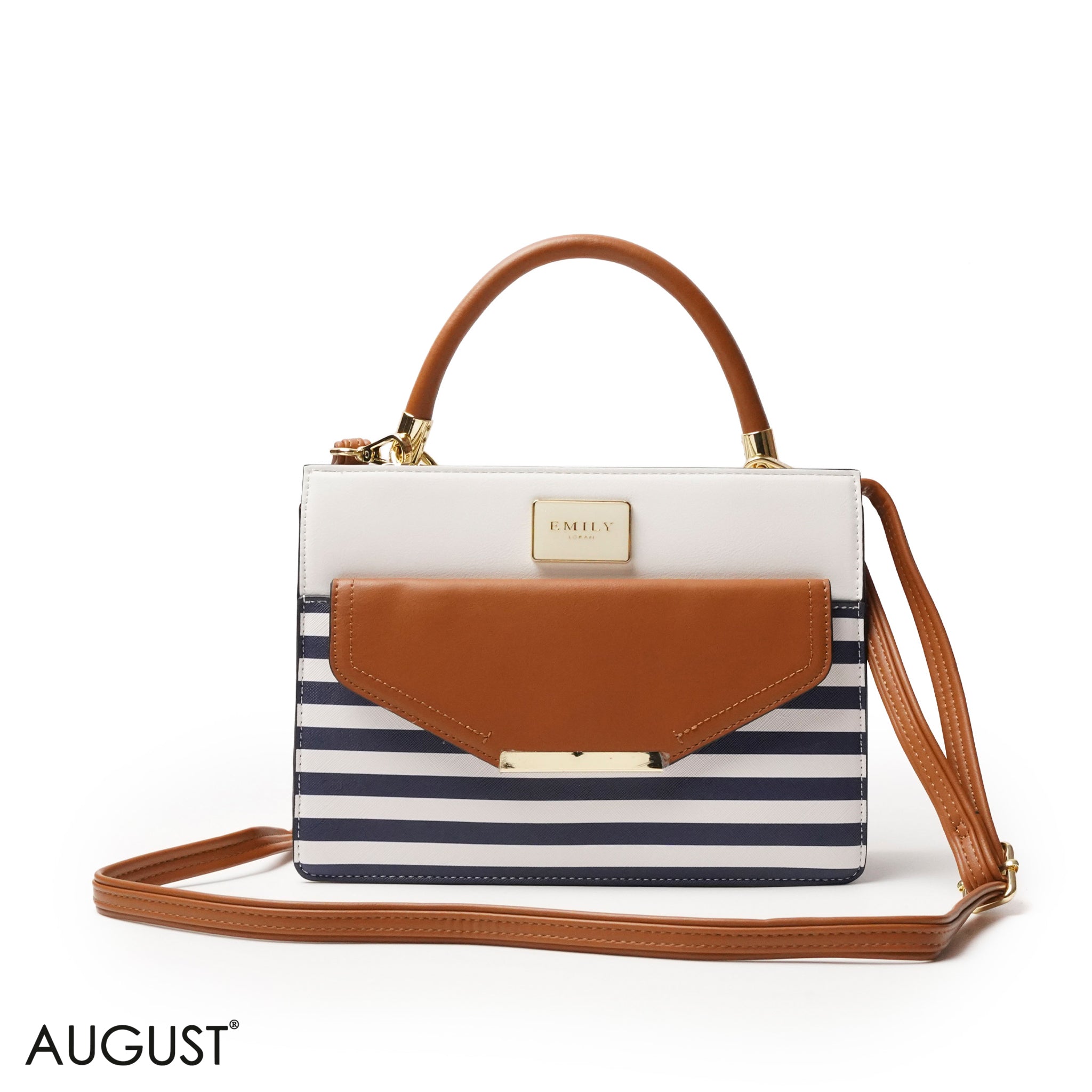 STRIPED NAVY LEATHER HANDBAG WITH FLAP - MED