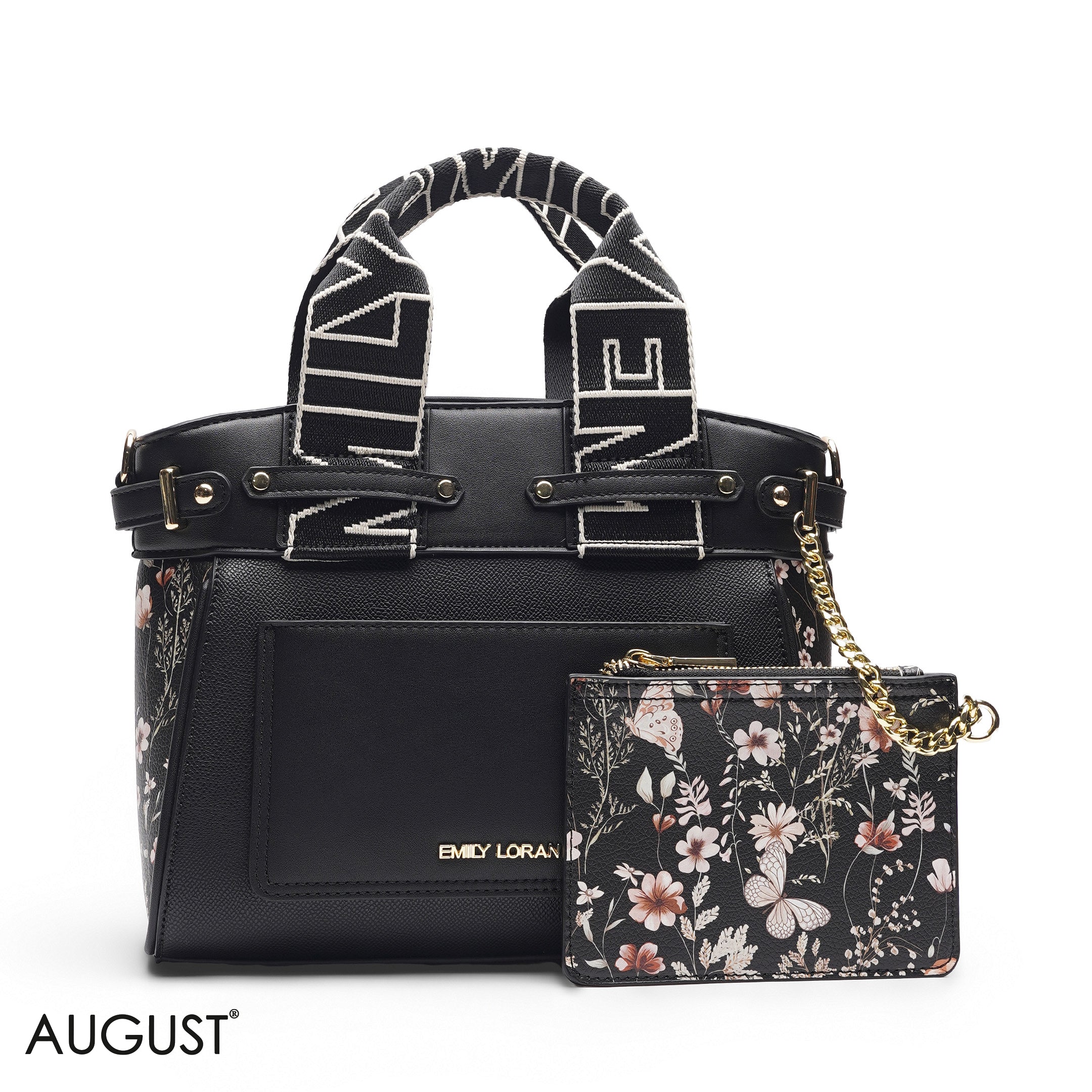 BLACK FLORAL TOTE BAG WITH POUCH - MED