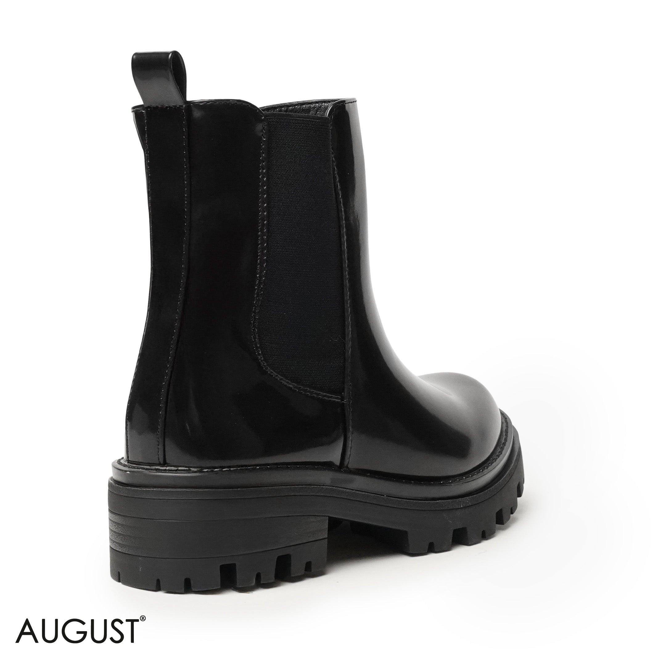 GLOSSY LEATHER ANKLE BOOTS WITH ELASTIC FABRIC