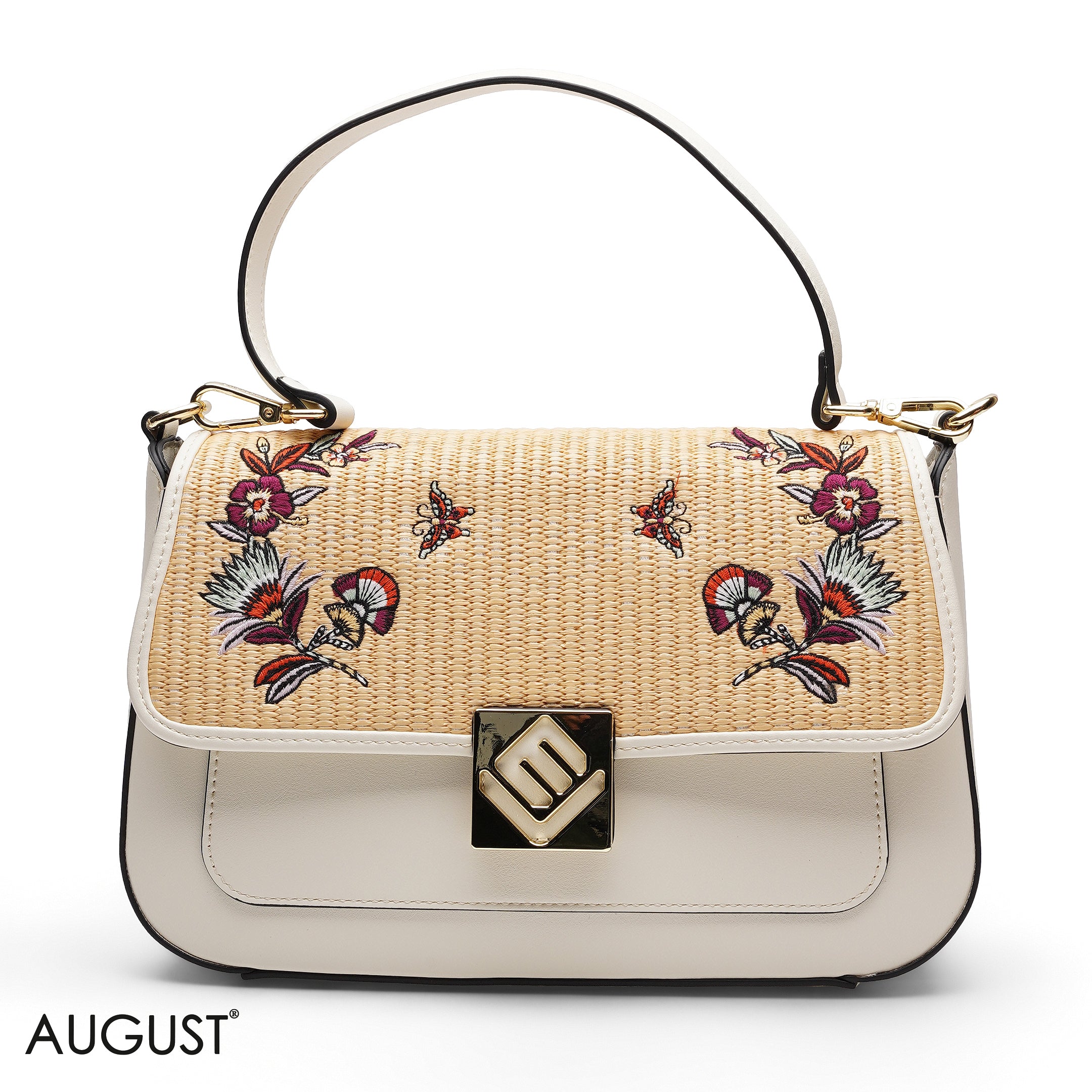 EMBROIDERED STRAW FLAP CROSSBODY BAG