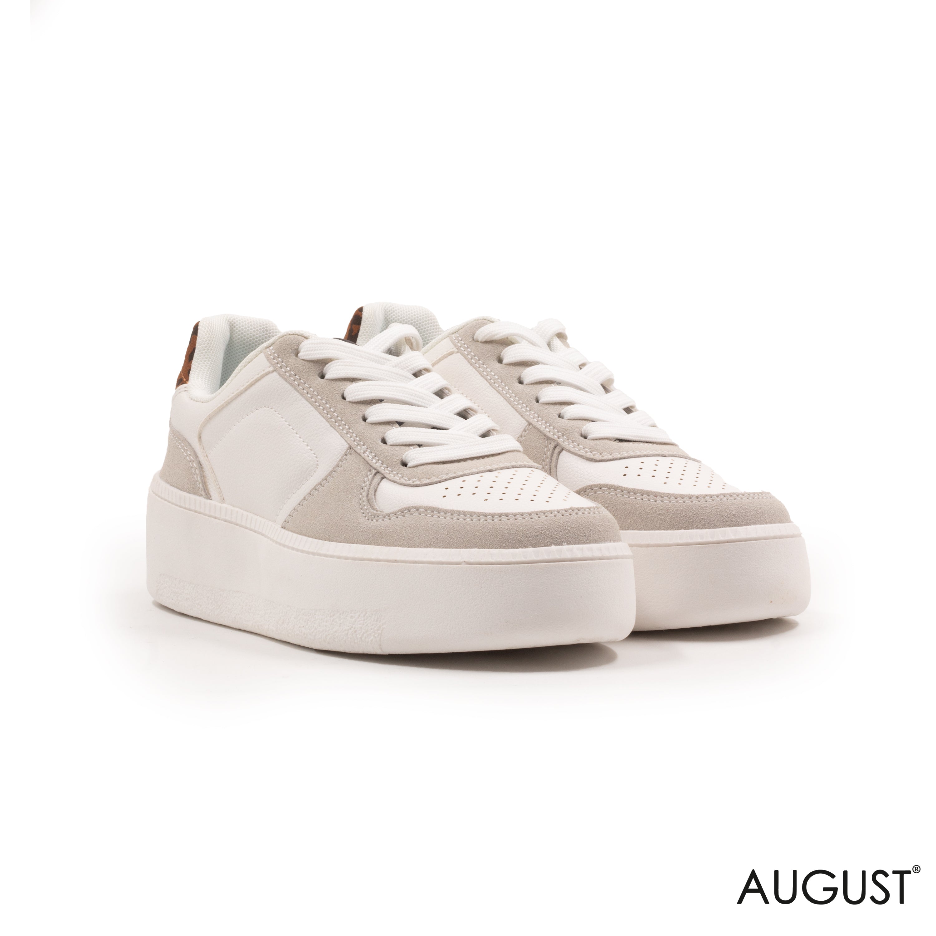 WHITE LEATHER ,GRAY FABRIC SNEAKERS WITH TIGER TOUCH