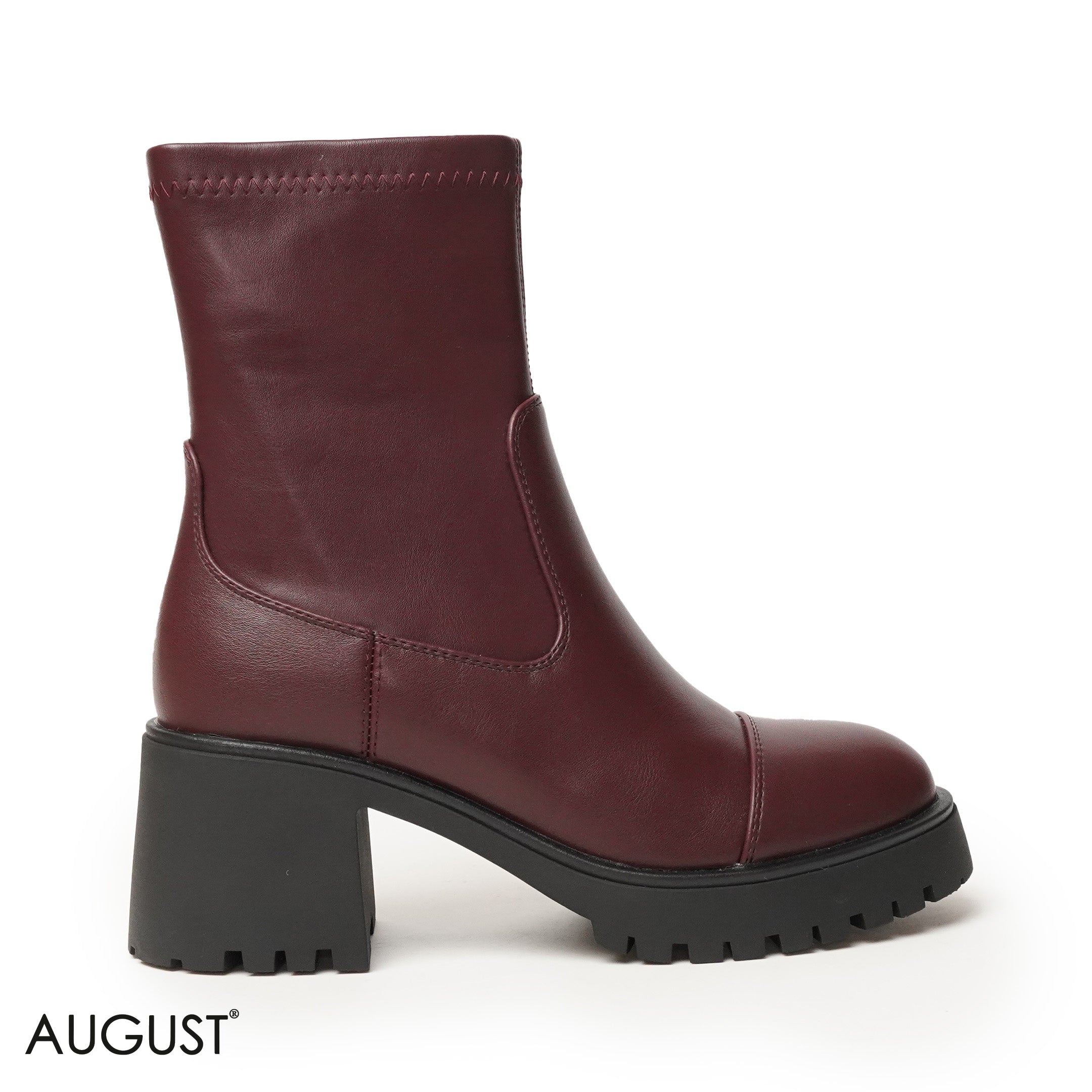 BURGUNDY LEATHER ANKLE BOOTS WITH THICK SOLE