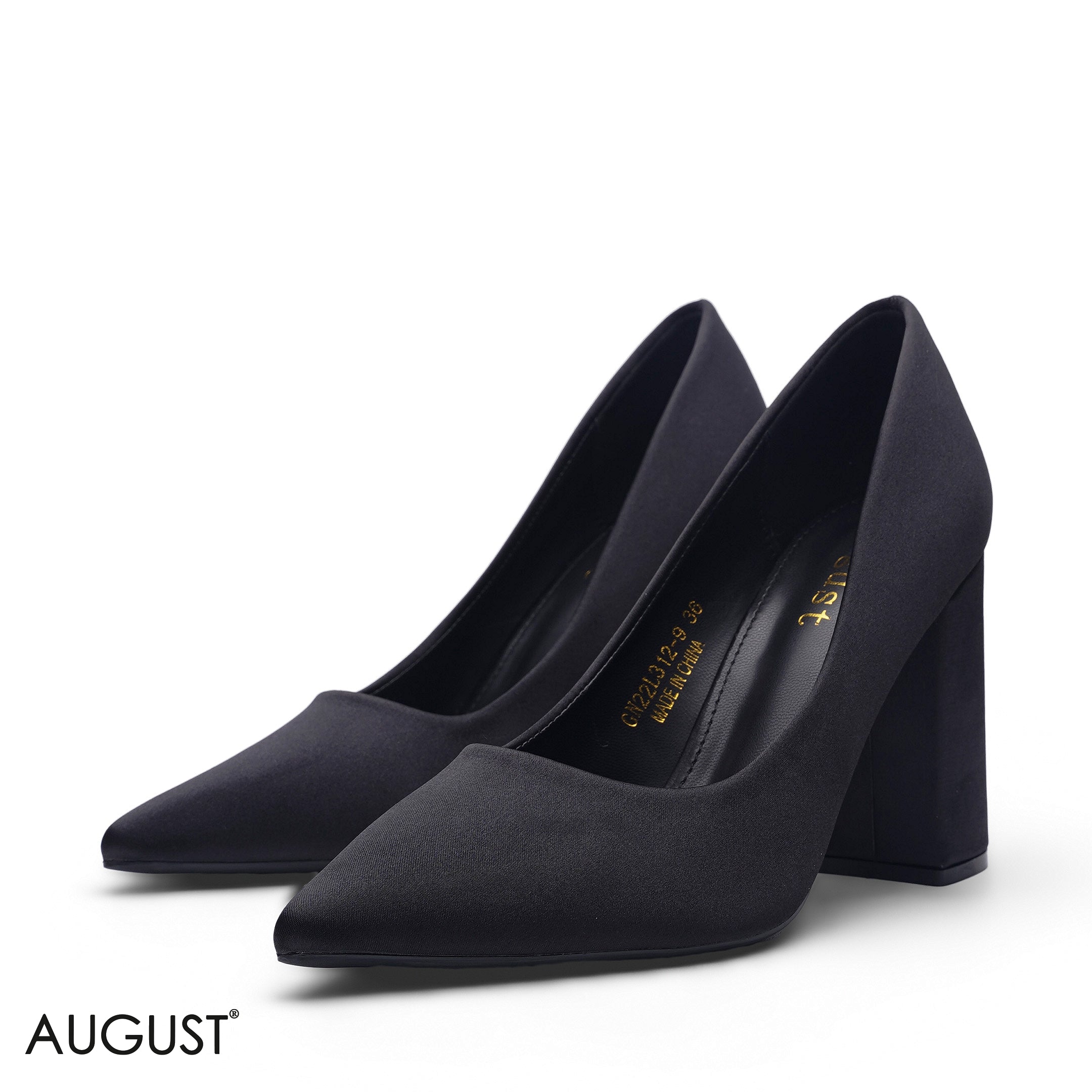 BLACK SATIN POINTED-TOE BLOCK HIGH HEEL
