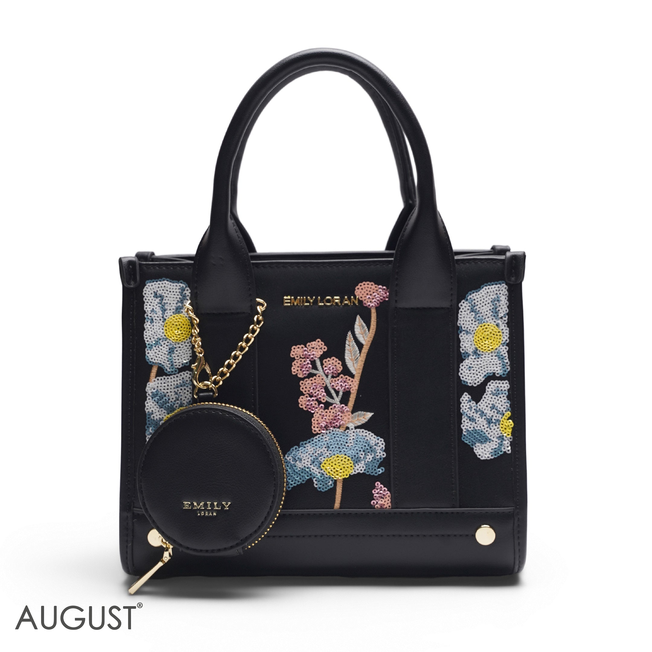 BLACK SEQUIN FLORAL TOTE WITH ROUND POUCH