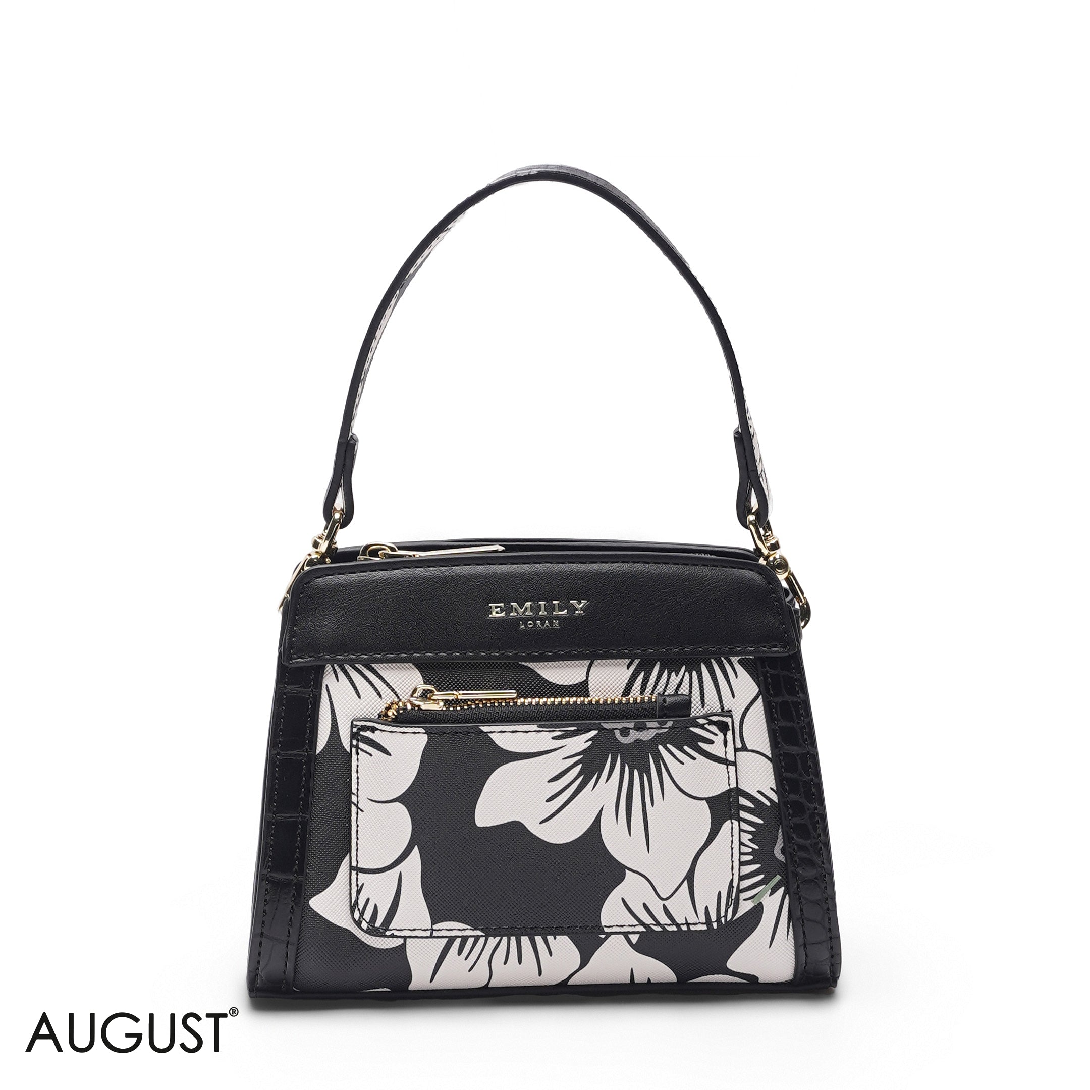 MINI BLACK FLORAL BAG WITH FRONT POUCH & GOLD METAL STRAP