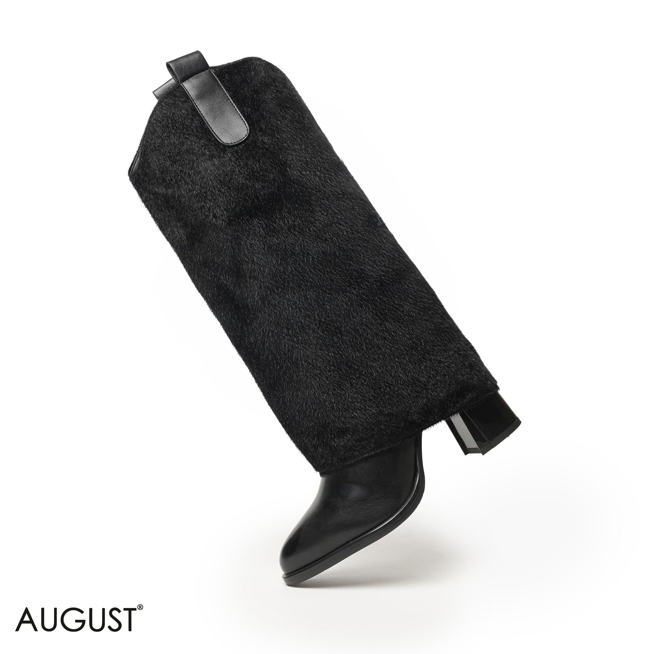 BLACK LEATHER HEELED LONG BOOTS WITH FAUX FUR DESIGN