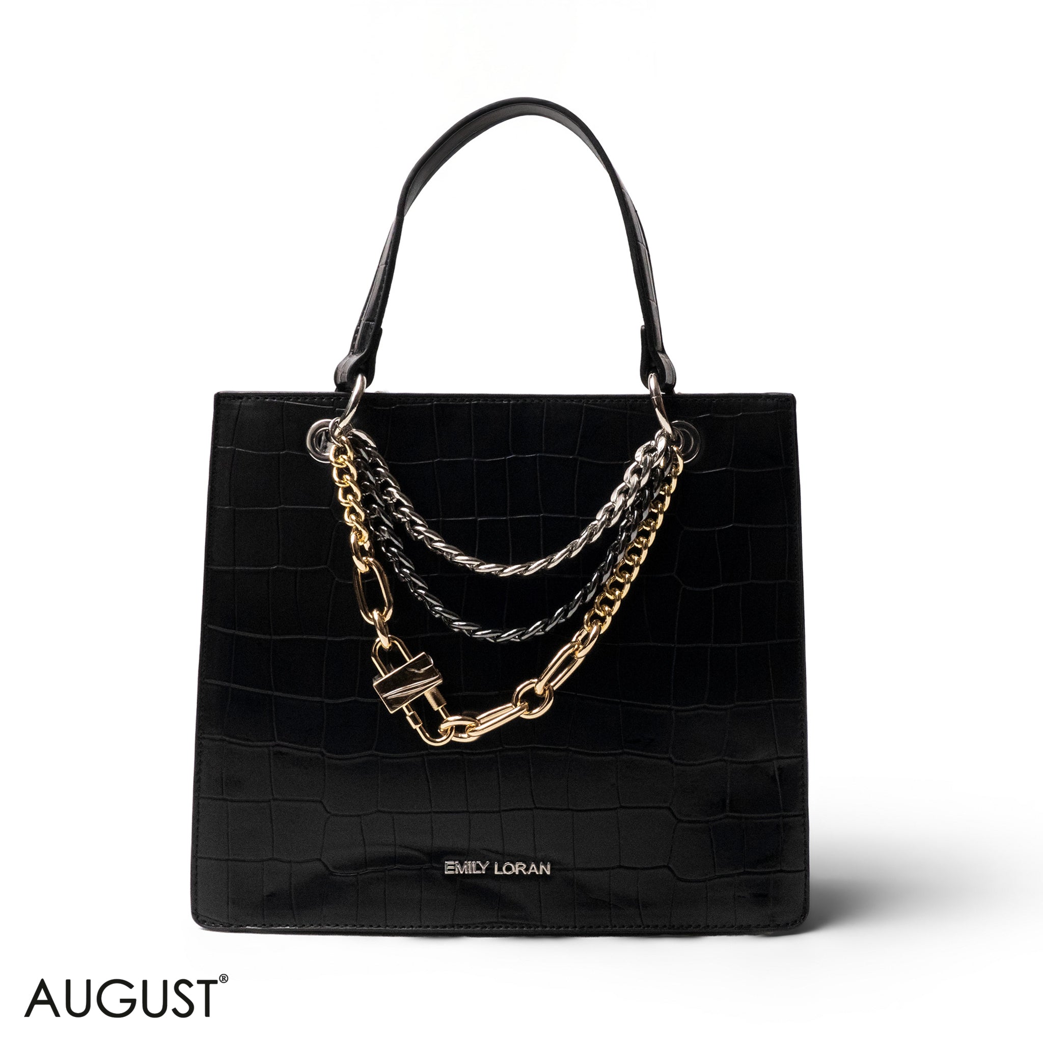 BLACK LEATHER HANDBAG WITH METAL CHAIN ACCENTS - MED