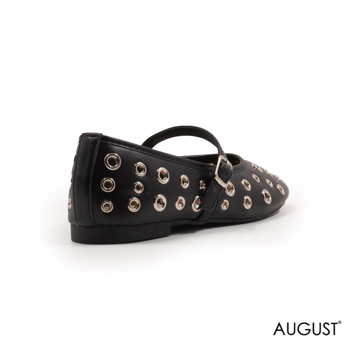BLACK LEATHER FLAT BALLET WITH METAL EYELETS AND BUCKLE