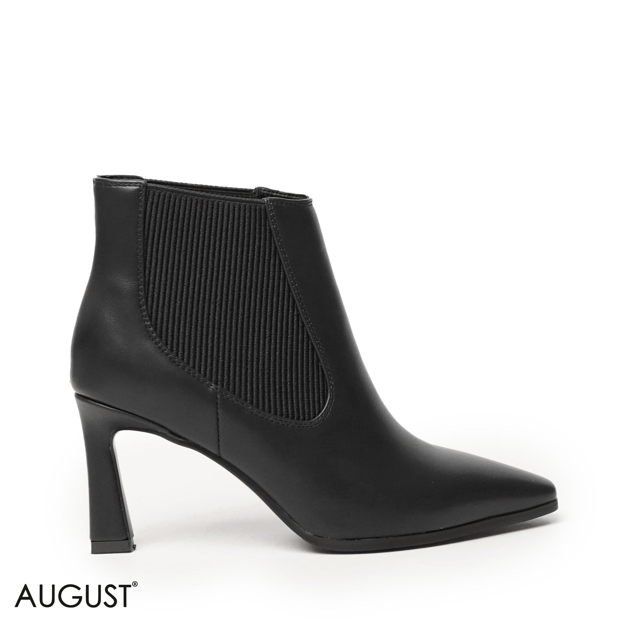 BLACK LEATHER HEELED BOOTS WITH ELASTIC FABRIC ACCENTS
